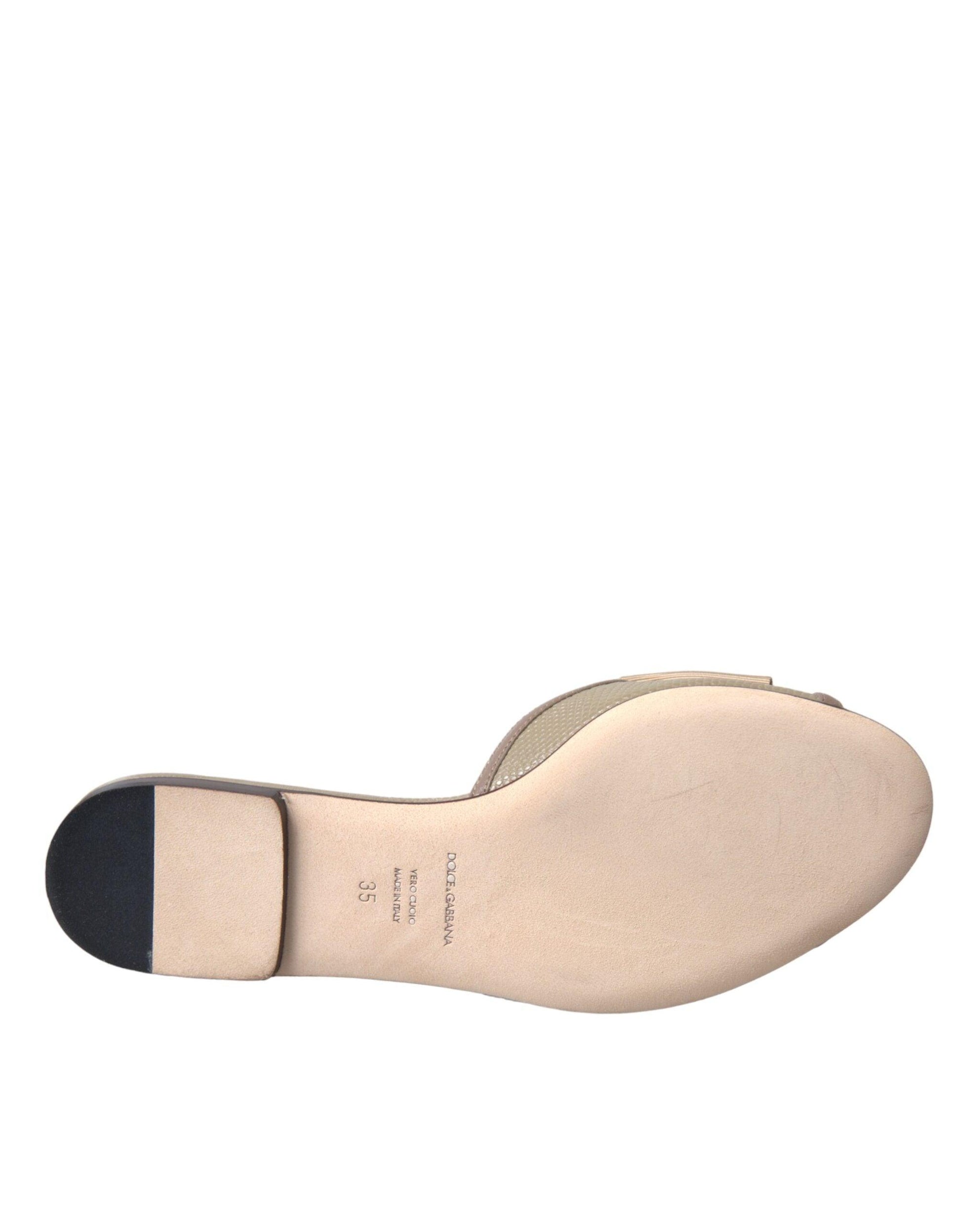 Dolce & Gabbana Beige Logo Pearl Flats Sandals Slides Shoes - Arichezz.store