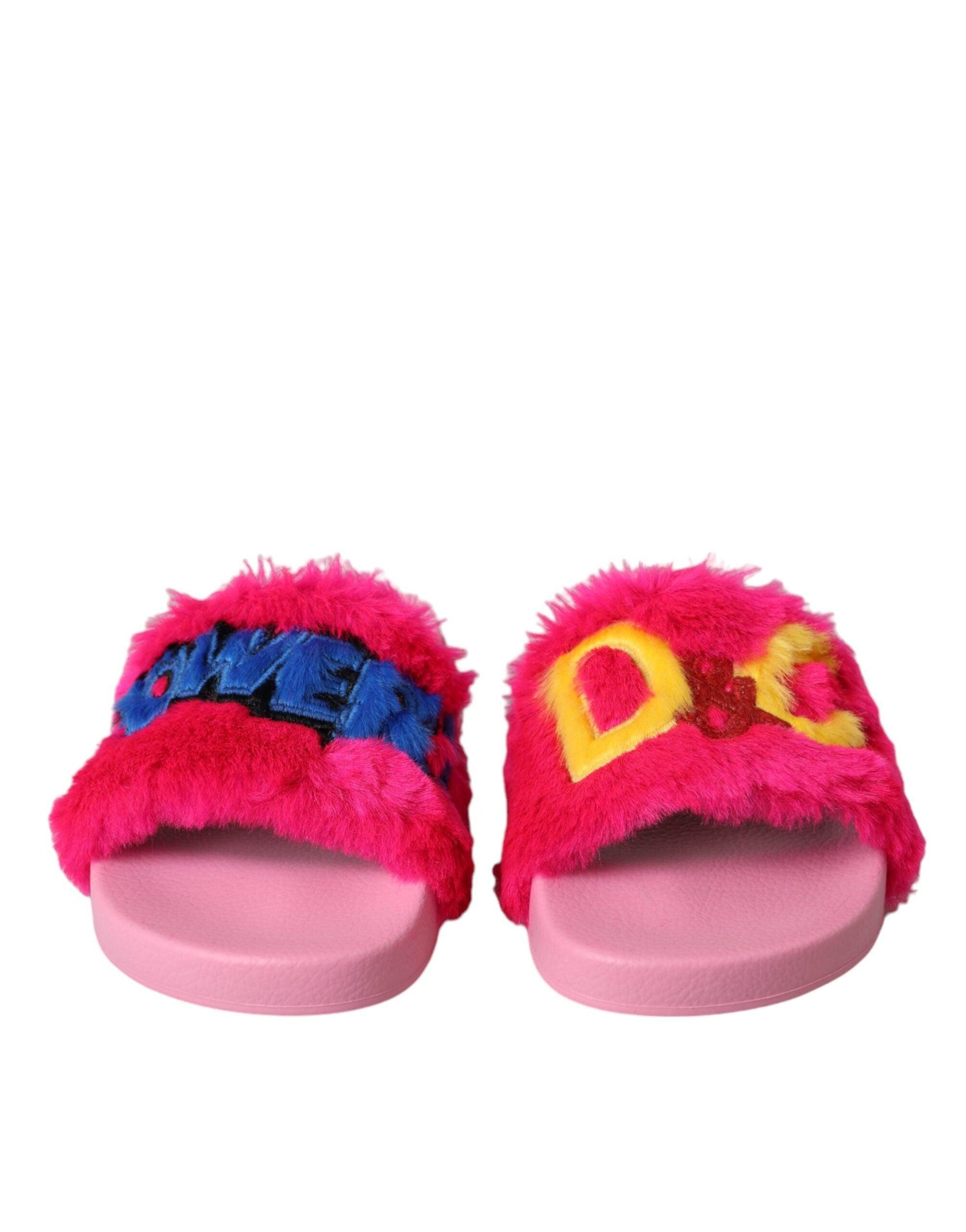 Dolce & Gabbana Multicolor Embroidered Fur Slides Sandals Shoes - Arichezz.store