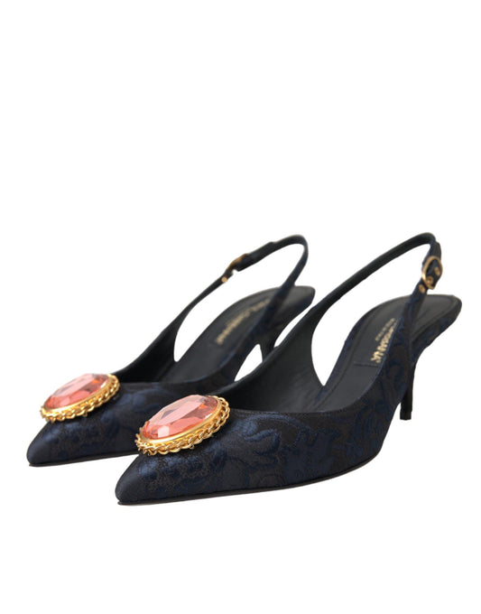 Dolce & Gabbana Blue Jacquard Crystal Slingback Heel Shoes - Arichezz.store