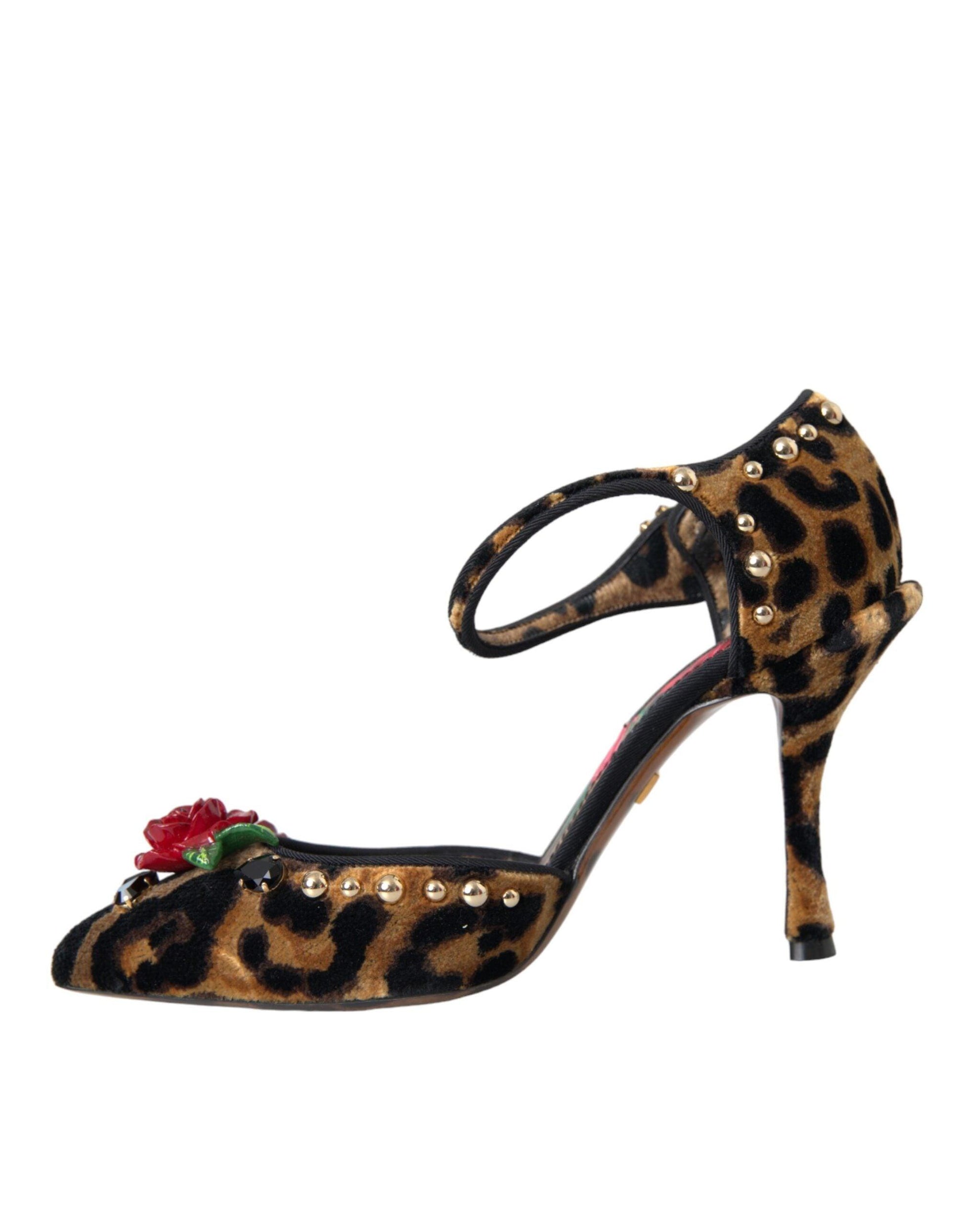 Dolce & Gabbana Brown Leopard Floral Crystal Mary Janes Pumps Shoes - Arichezz.store