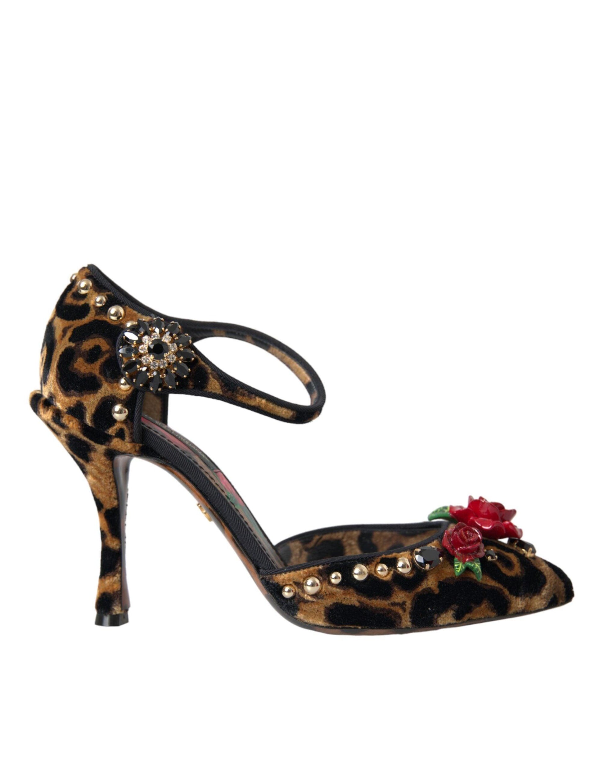 Dolce & Gabbana Brown Leopard Floral Crystal Mary Janes Pumps Shoes - Arichezz.store