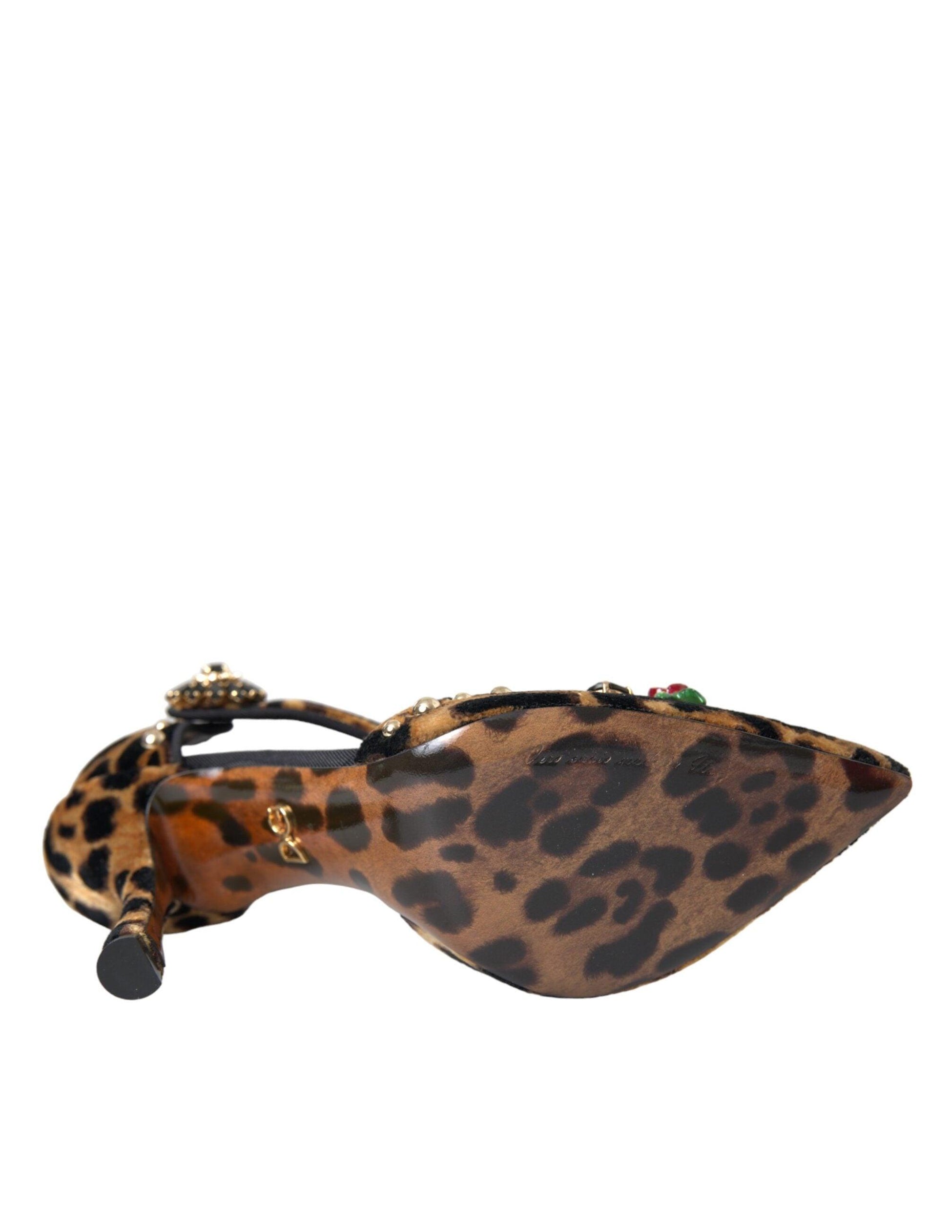 Dolce & Gabbana Brown Leopard Floral Crystal Mary Janes Pumps Shoes - Arichezz.store