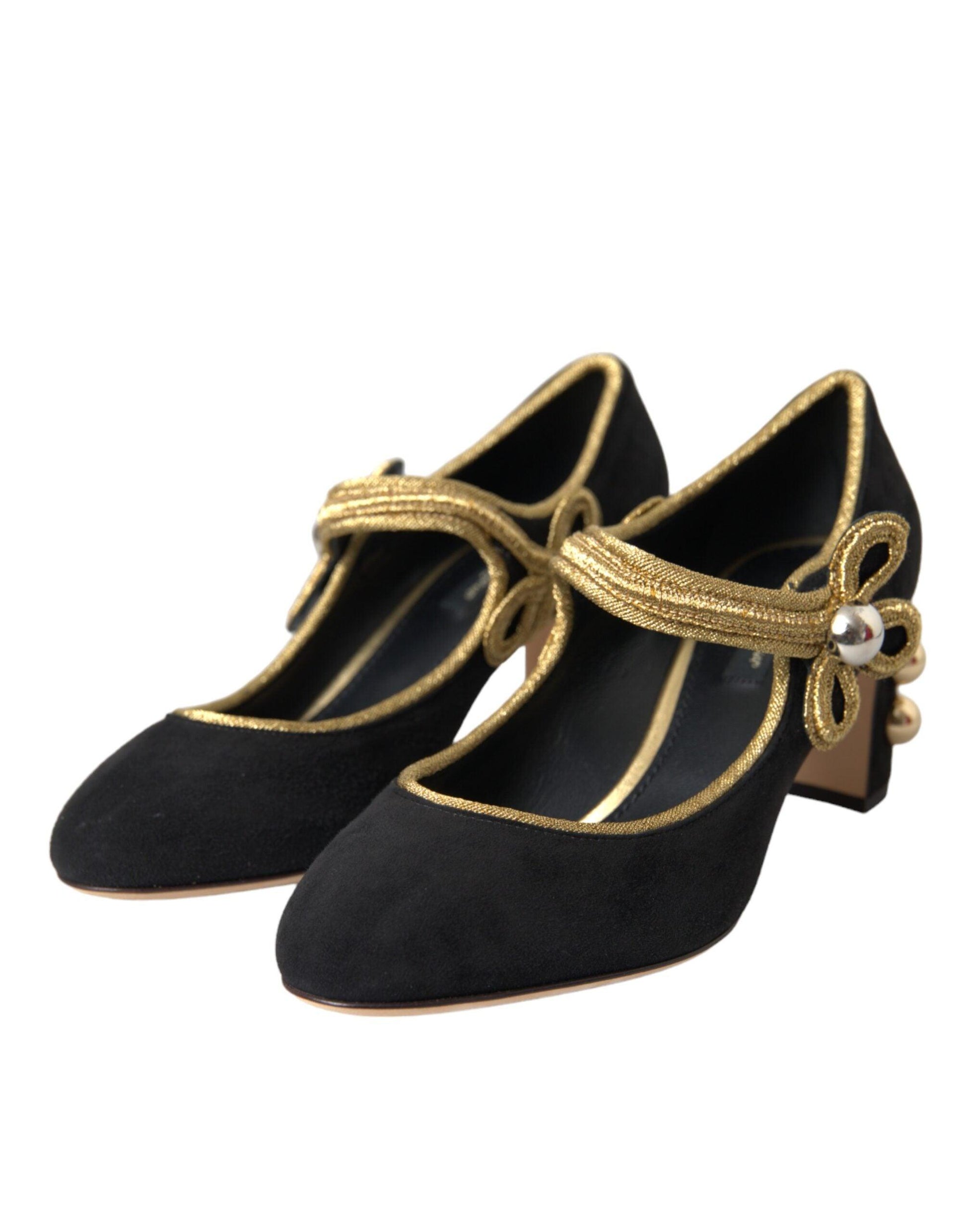 Dolce & Gabbana Black Suede Gold Mary Janes Heels Pumps Shoes - Arichezz.store