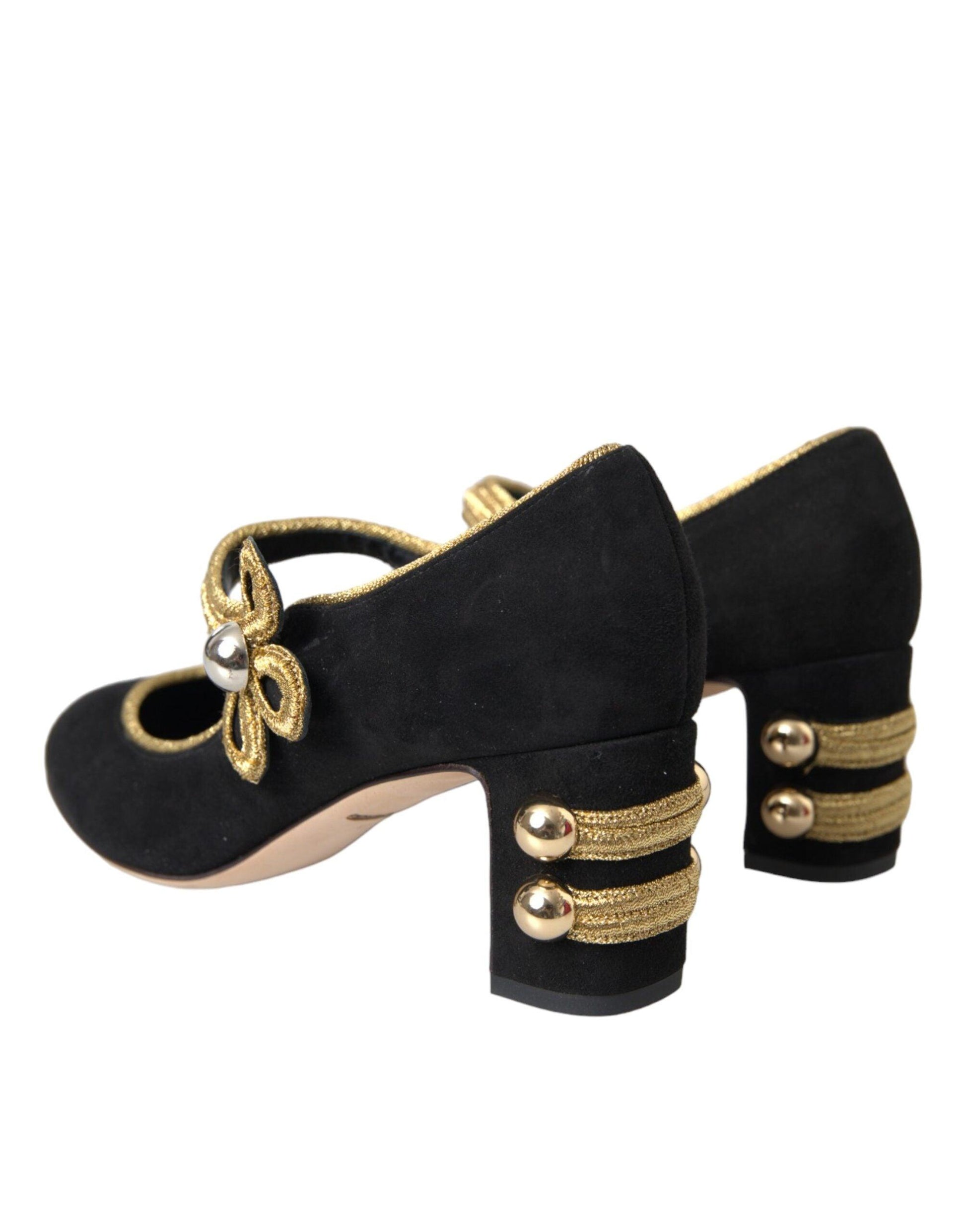 Dolce & Gabbana Black Suede Gold Mary Janes Heels Pumps Shoes - Arichezz.store