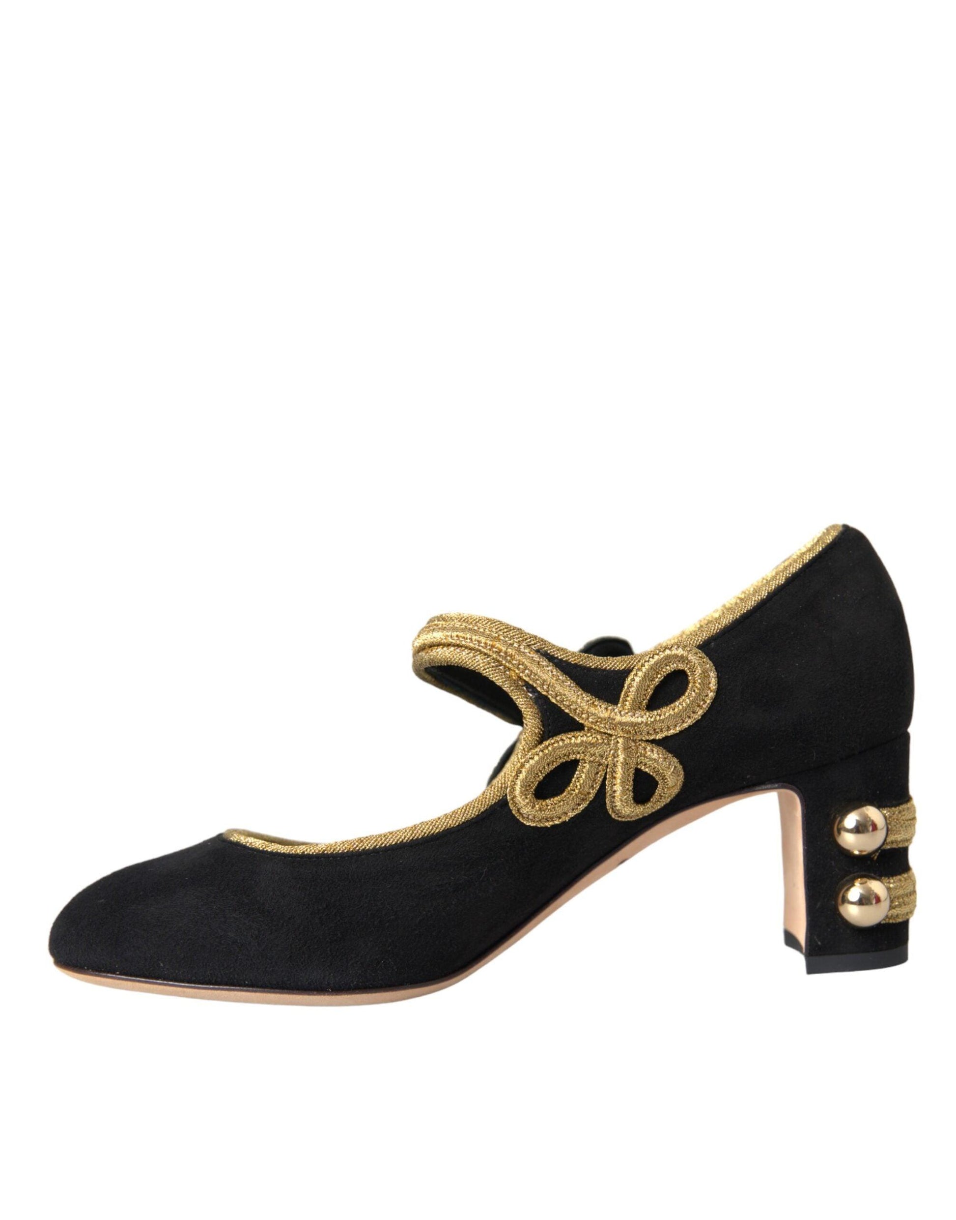 Dolce & Gabbana Black Suede Gold Mary Janes Heels Pumps Shoes - Arichezz.store