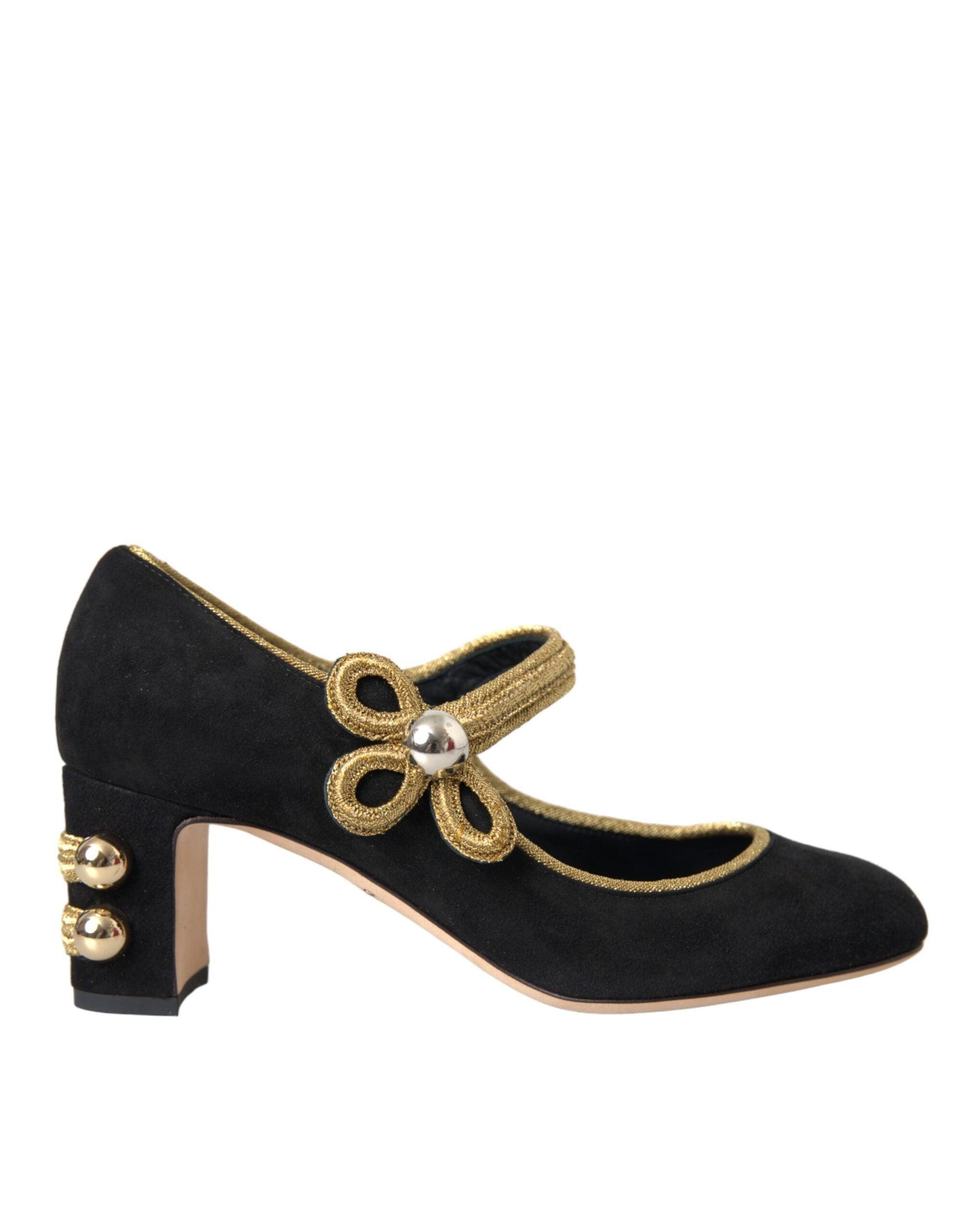 Dolce & Gabbana Black Suede Gold Mary Janes Heels Pumps Shoes - Arichezz.store