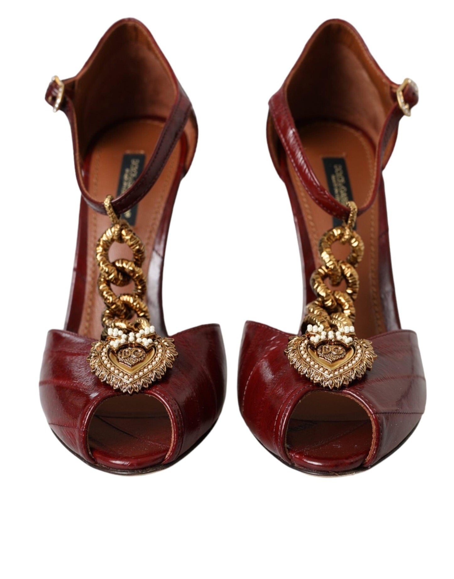 Dolce & Gabbana Dark Red Leather Gold Devotion Heart Sandals Shoes - Arichezz.store