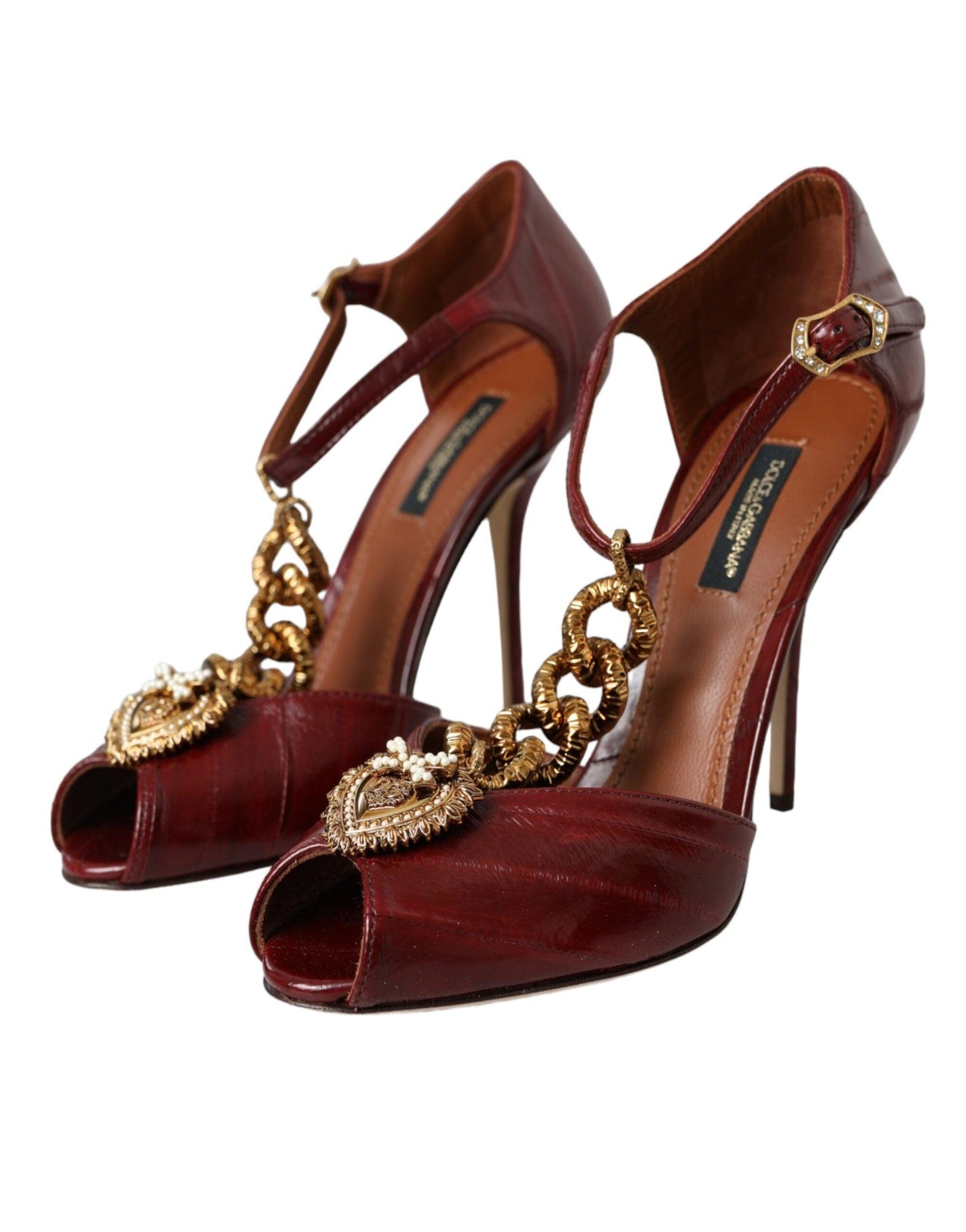 Dolce & Gabbana Dark Red Leather Gold Devotion Heart Sandals Shoes - Arichezz.store