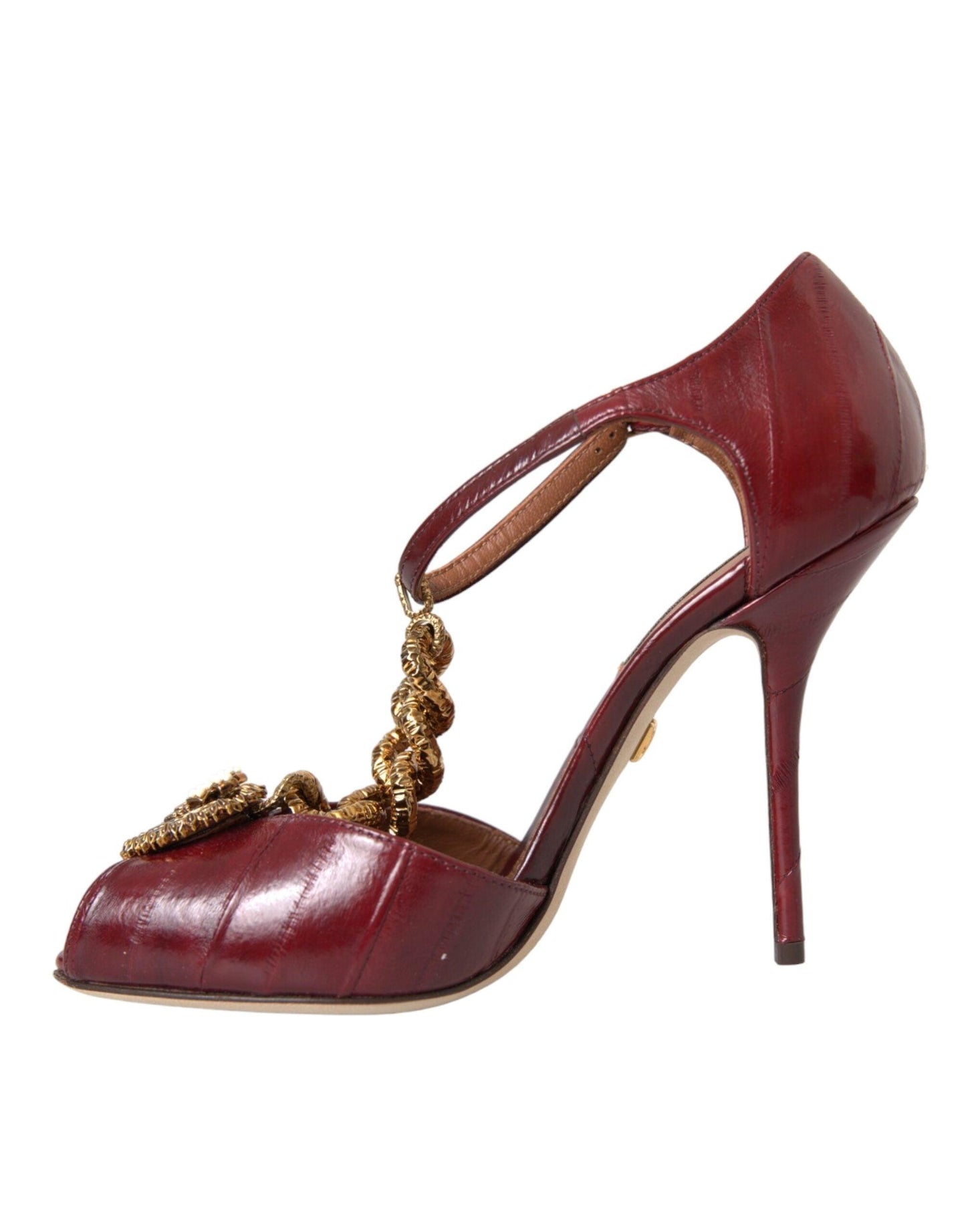 Dolce & Gabbana Dark Red Leather Gold Devotion Heart Sandals Shoes - Arichezz.store