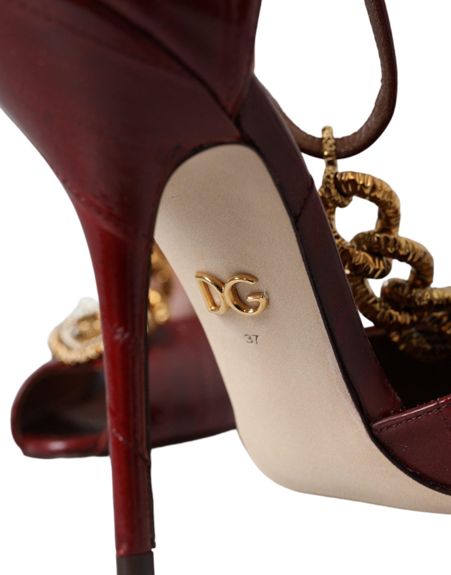 Dolce & Gabbana Dark Red Leather Gold Devotion Heart Sandals Shoes - Arichezz.store