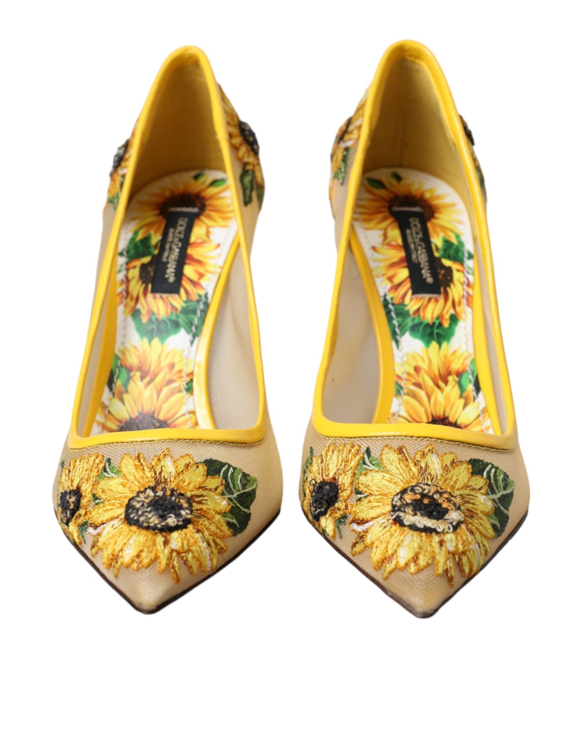 Dolce & Gabbana Yellow Sunflower Mesh Heels Pumps Shoes - Arichezz.store