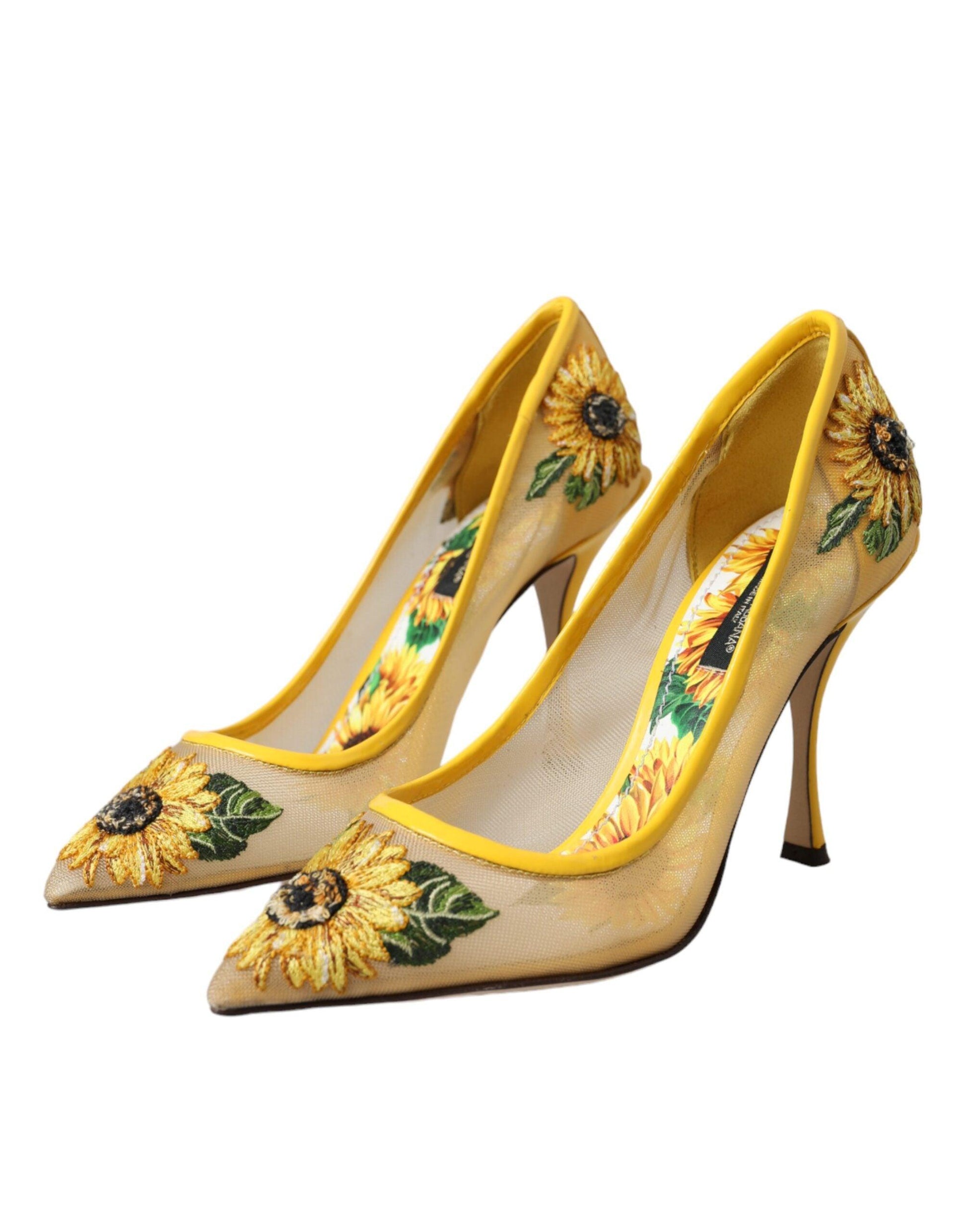 Dolce & Gabbana Yellow Sunflower Mesh Heels Pumps Shoes - Arichezz.store