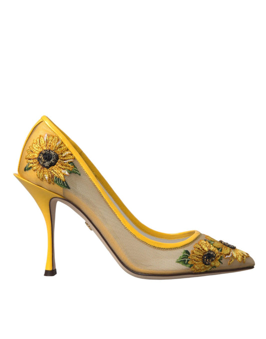 Dolce & Gabbana Yellow Sunflower Mesh Heels Pumps Shoes - Arichezz.store