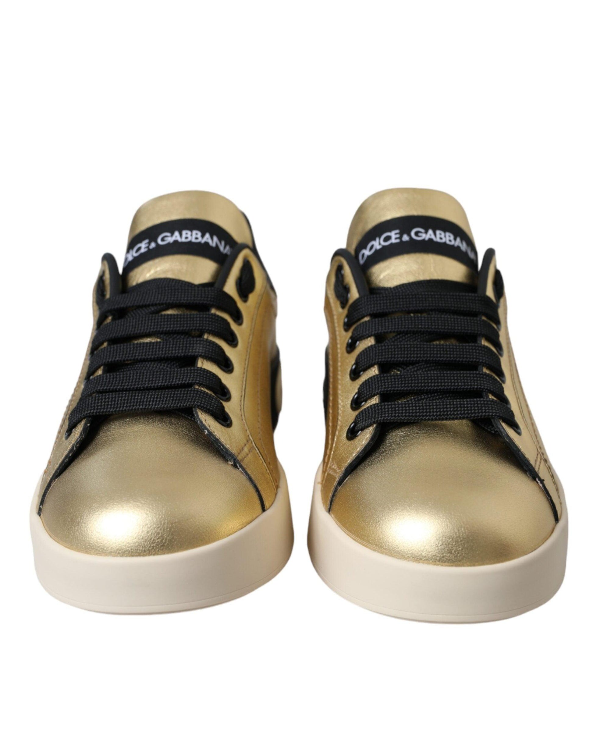 Dolce & Gabbana Gold Portofino Calf Leather Sneakers Women Shoes - Arichezz.store