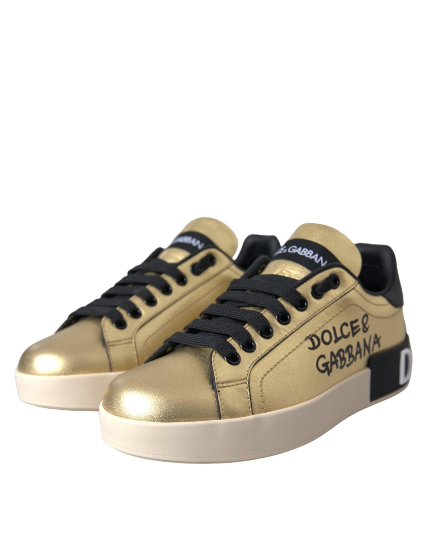 Dolce & Gabbana Gold Portofino Calf Leather Sneakers Women Shoes - Arichezz.store