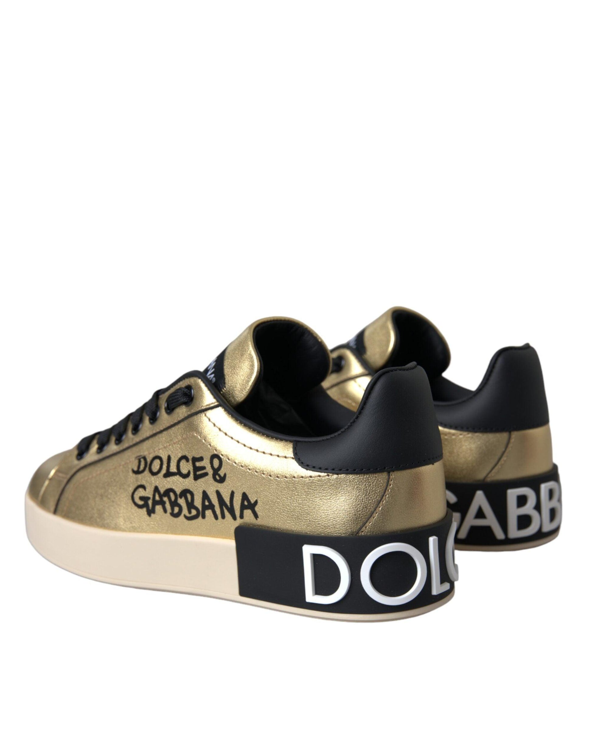 Dolce & Gabbana Gold Portofino Calf Leather Sneakers Women Shoes - Arichezz.store