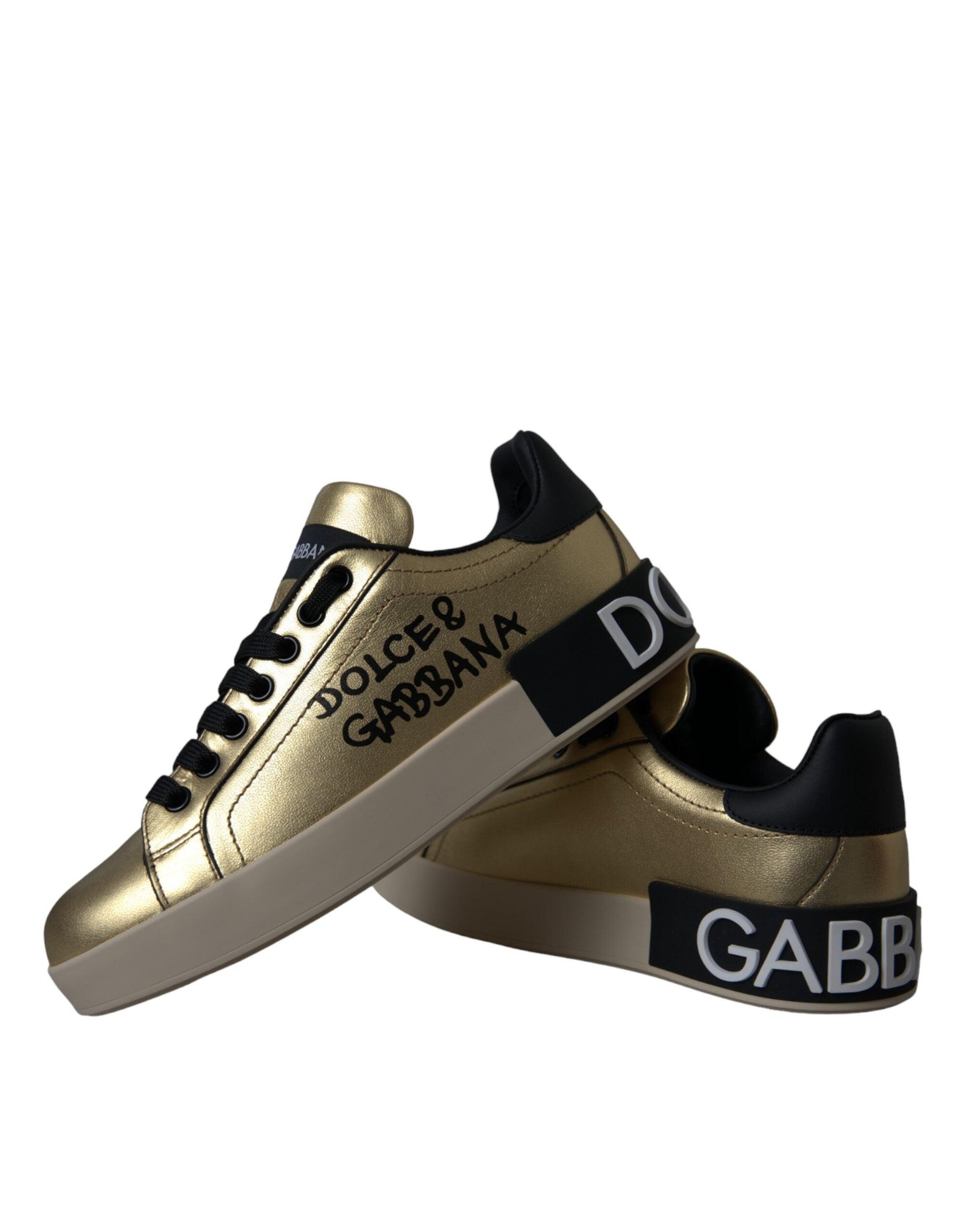 Dolce & Gabbana Gold Portofino Calf Leather Sneakers Women Shoes - Arichezz.store