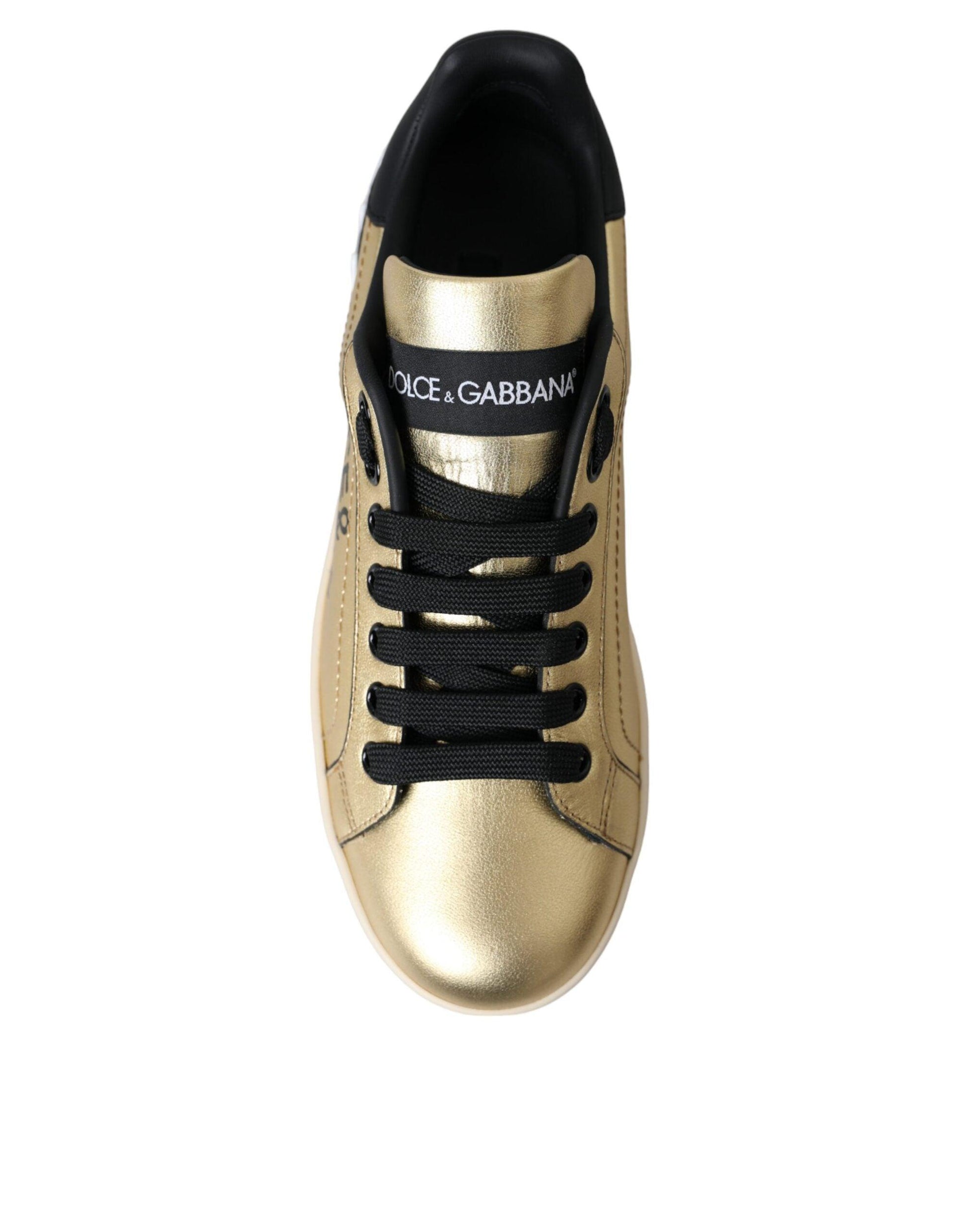 Dolce & Gabbana Gold Portofino Calf Leather Sneakers Women Shoes - Arichezz.store