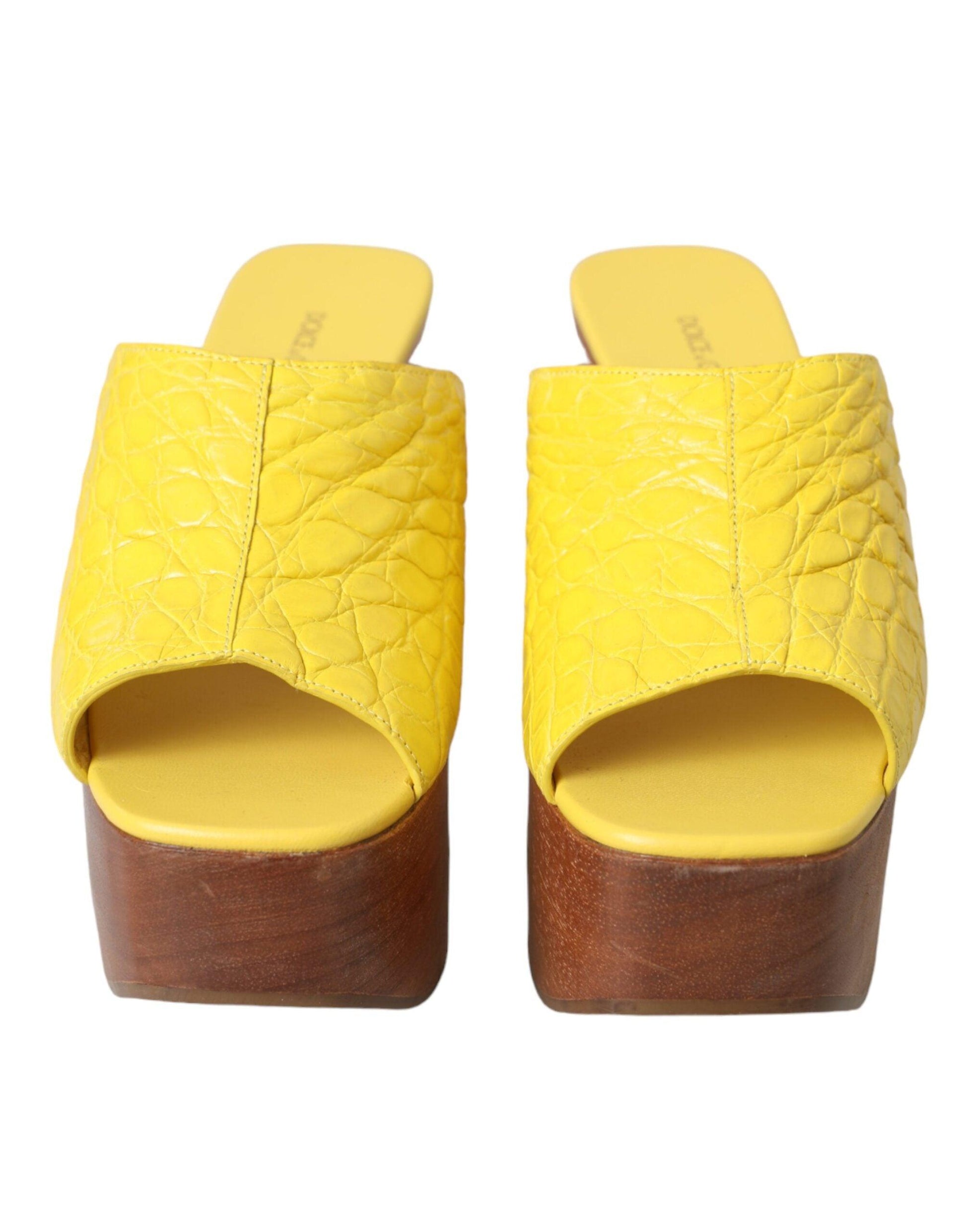 Dolce & Gabbana Yellow Leather Wood Mule Wedge Slides Shoes - Arichezz.store