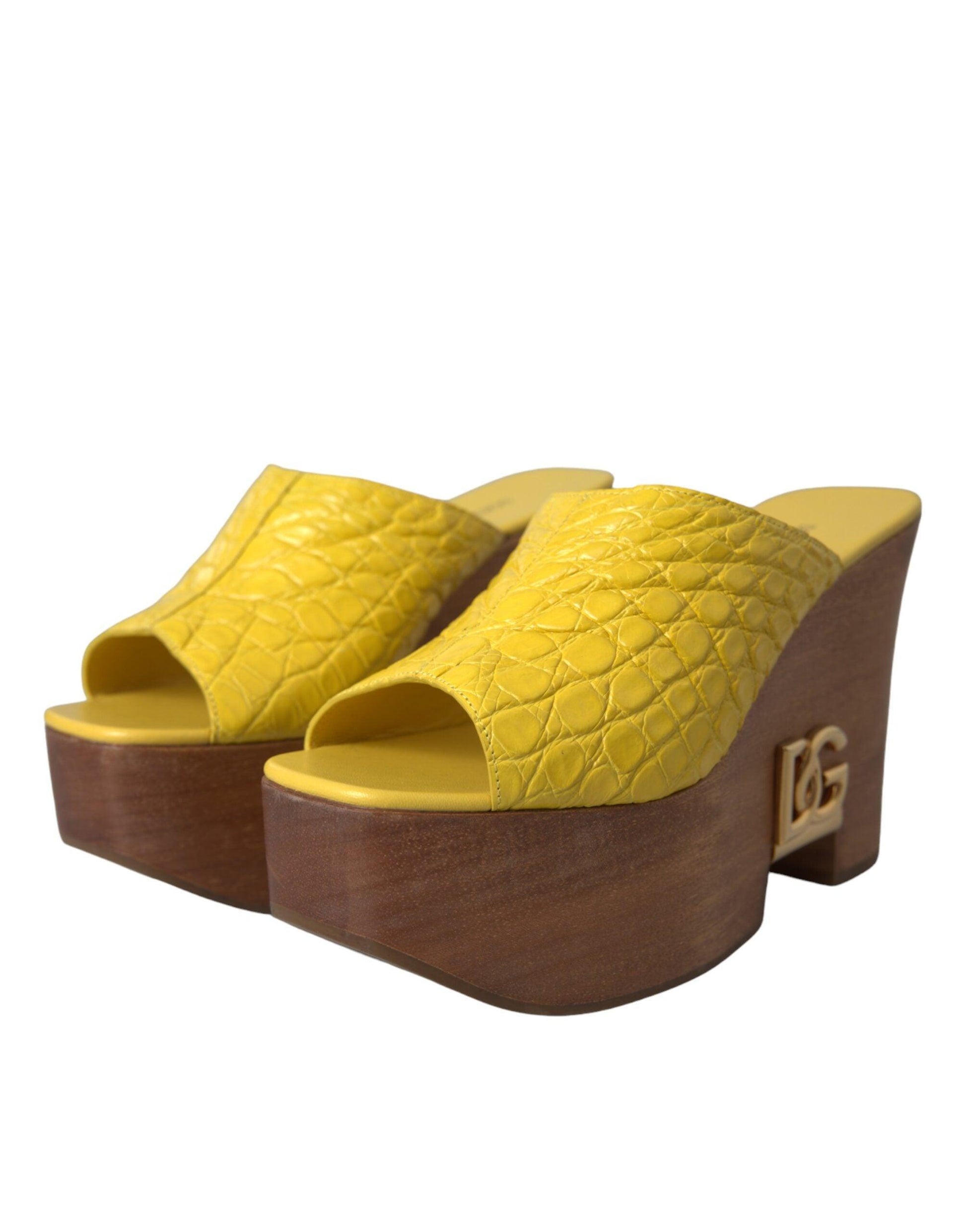 Dolce & Gabbana Yellow Leather Wood Mule Wedge Slides Shoes - Arichezz.store