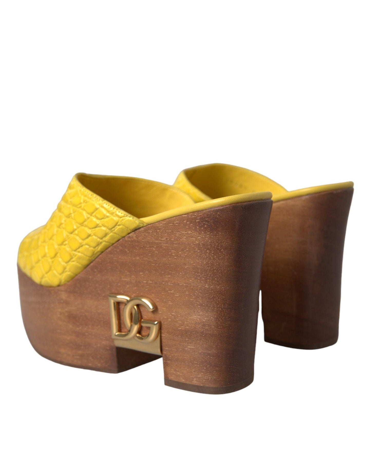 Dolce & Gabbana Yellow Leather Wood Mule Wedge Slides Shoes - Arichezz.store