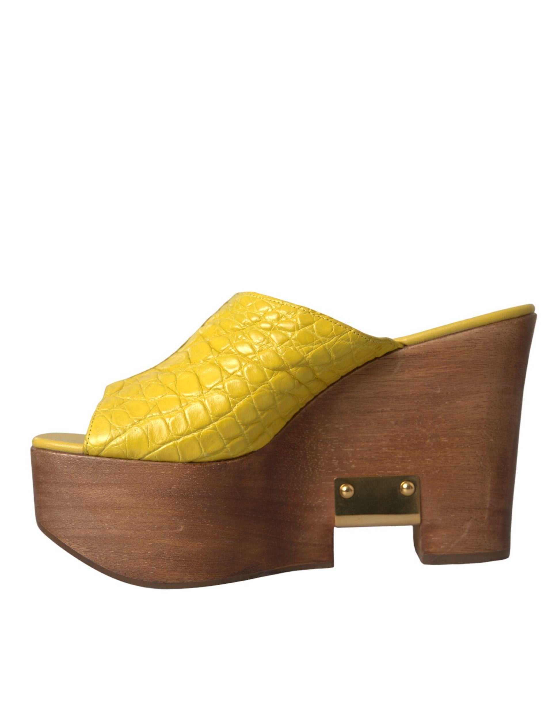 Dolce & Gabbana Yellow Leather Wood Mule Wedge Slides Shoes - Arichezz.store