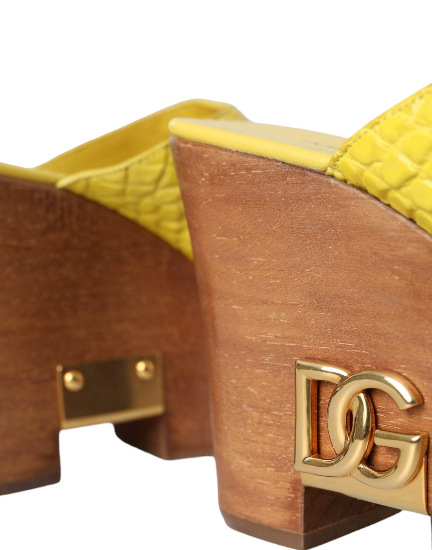 Dolce & Gabbana Yellow Leather Wood Mule Wedge Slides Shoes - Arichezz.store