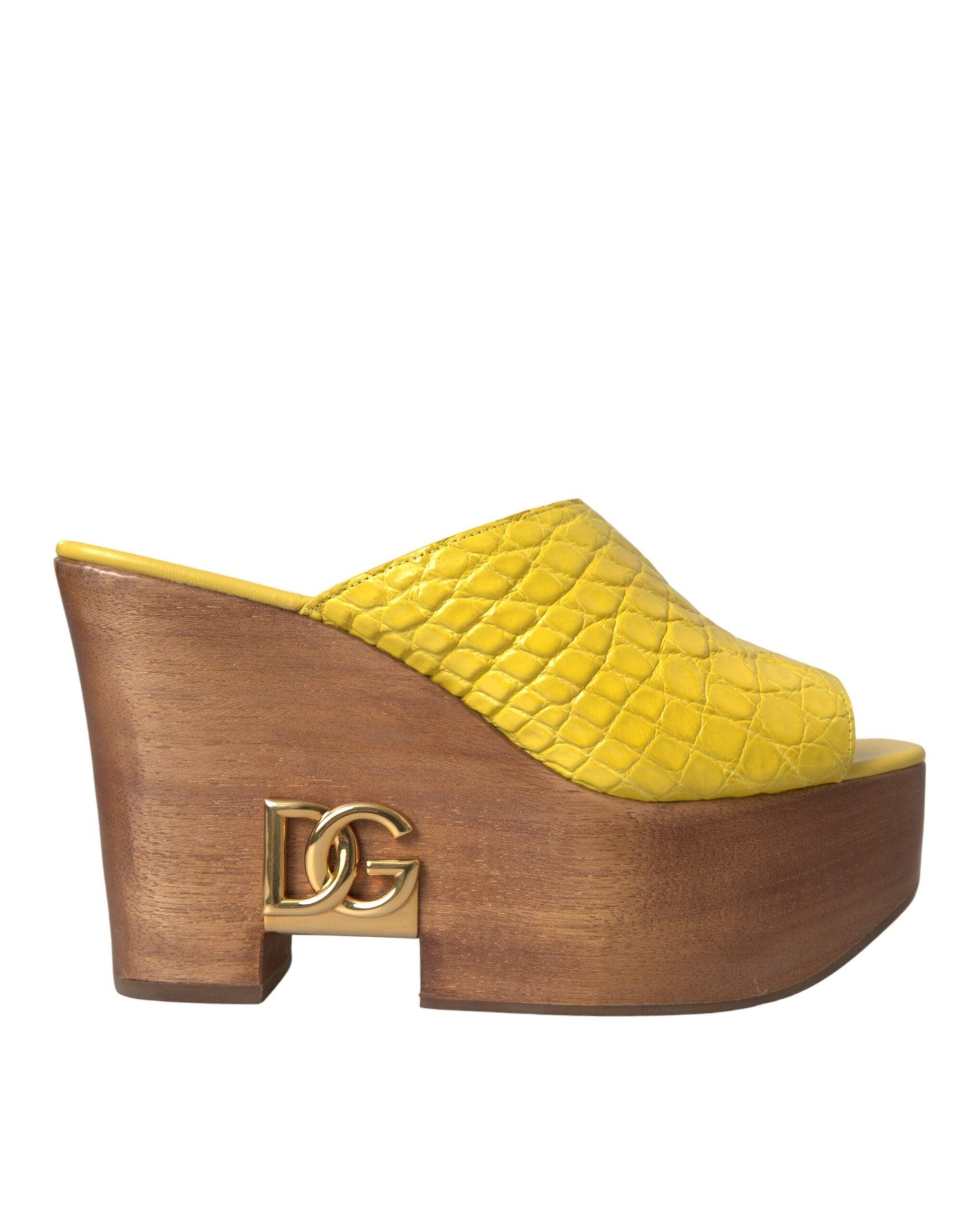 Dolce & Gabbana Yellow Leather Wood Mule Wedge Slides Shoes - Arichezz.store