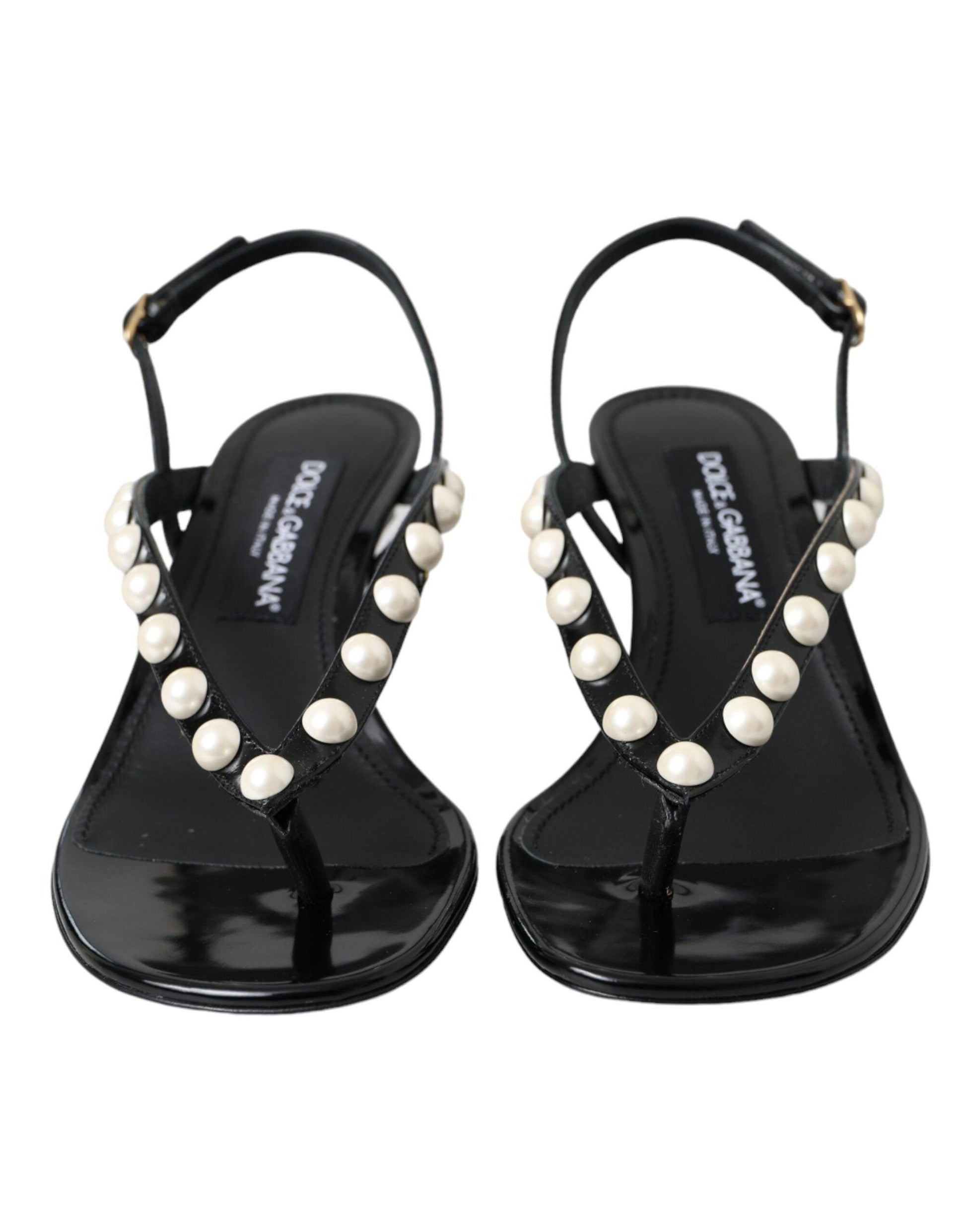 Dolce & Gabbana Black Leather Faux Pearl Heel Sandals Shoes - Arichezz.store