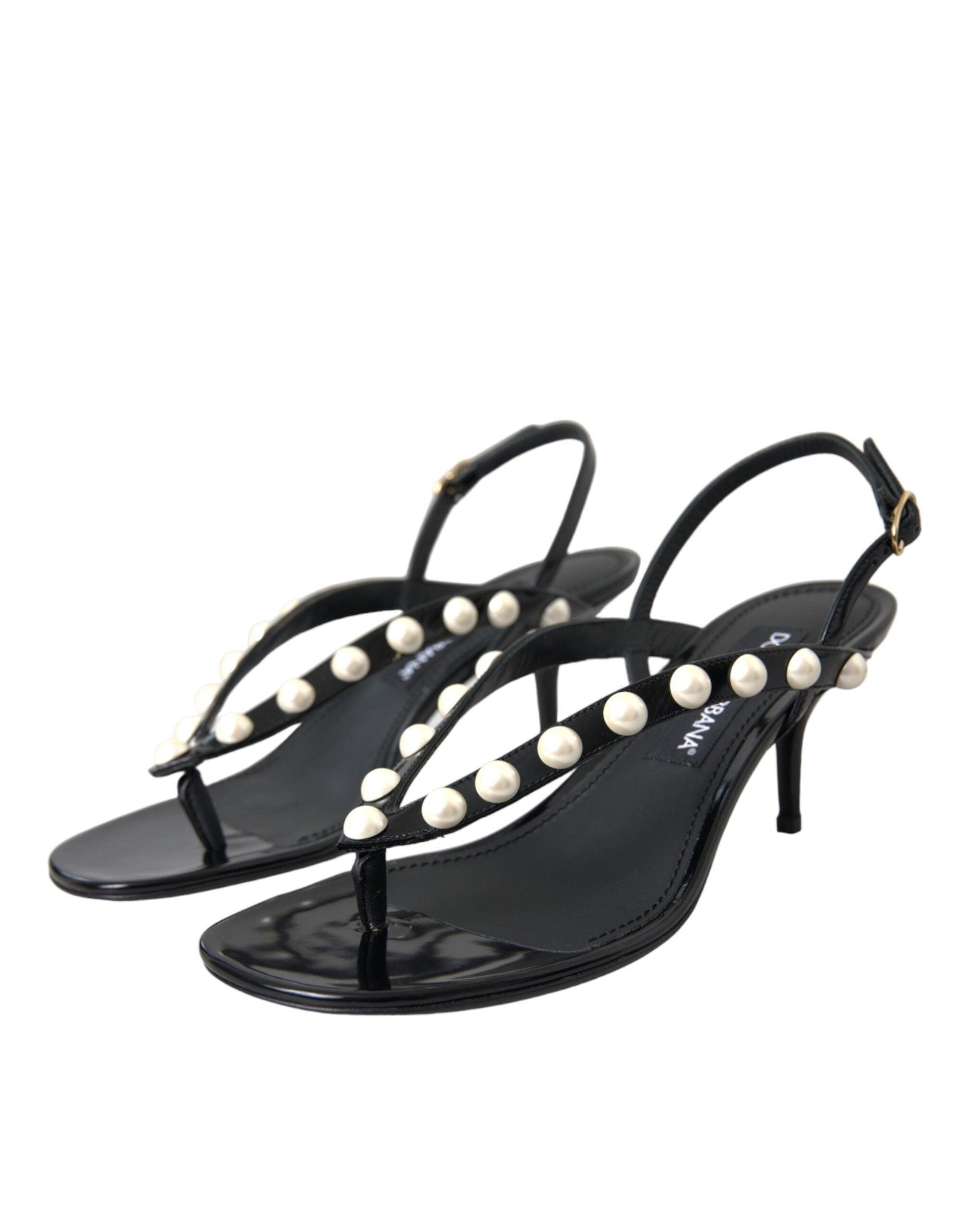 Dolce & Gabbana Black Leather Faux Pearl Heel Sandals Shoes - Arichezz.store