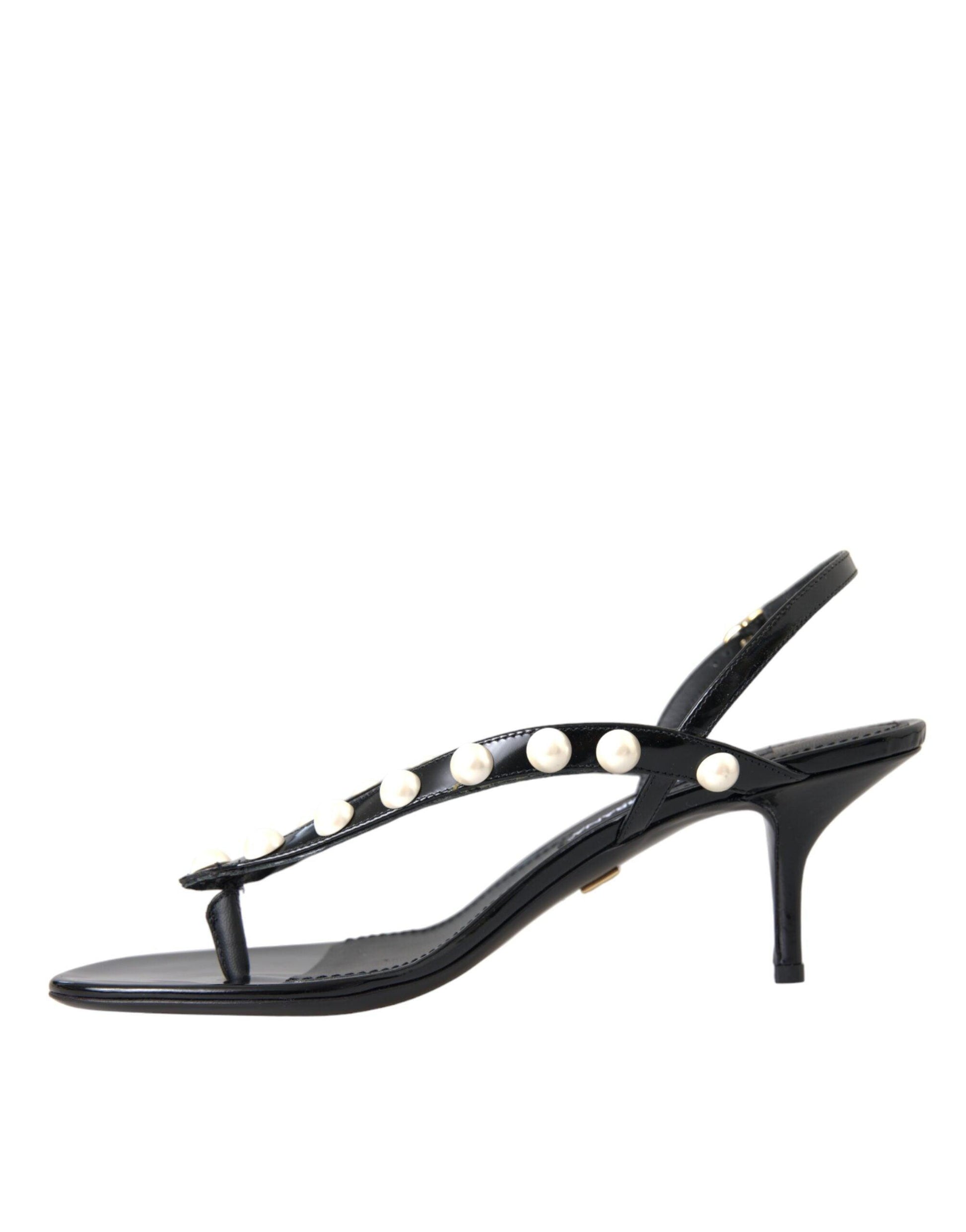 Dolce & Gabbana Black Leather Faux Pearl Heel Sandals Shoes - Arichezz.store