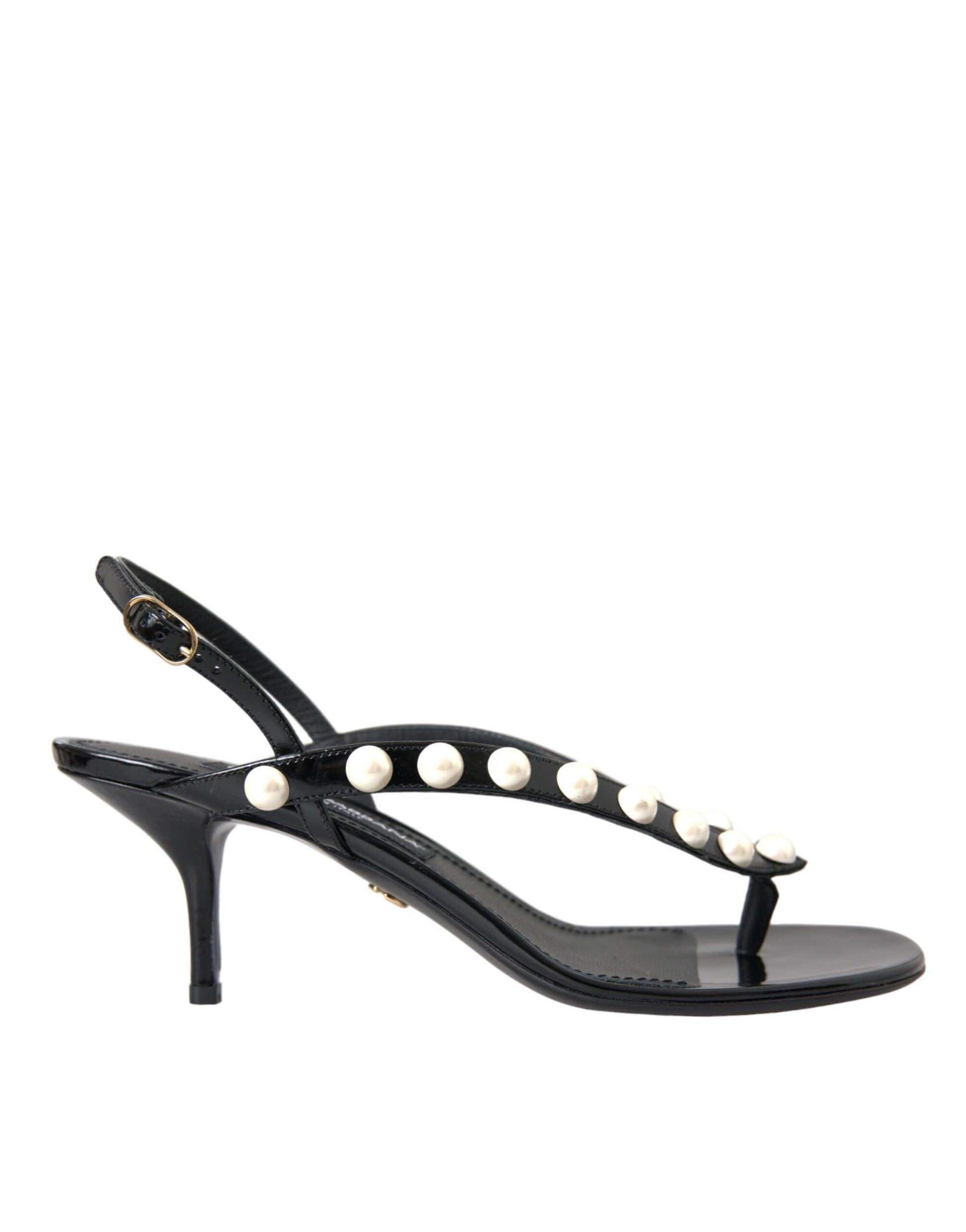 Dolce & Gabbana Black Leather Faux Pearl Heel Sandals Shoes - Arichezz.store