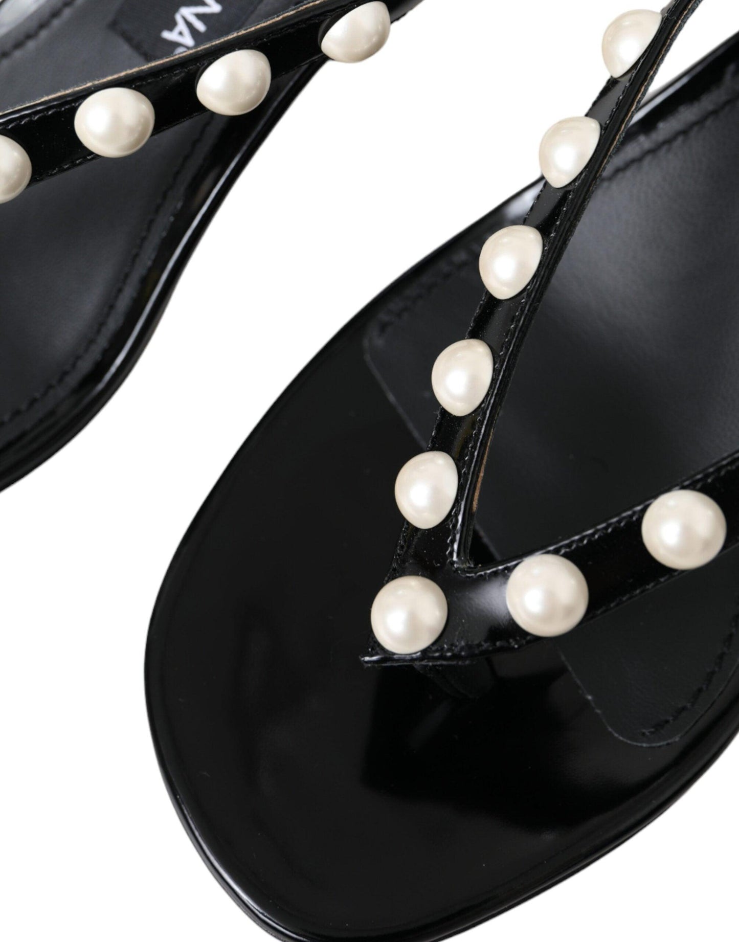 Dolce & Gabbana Black Leather Faux Pearl Heel Sandals Shoes - Arichezz.store