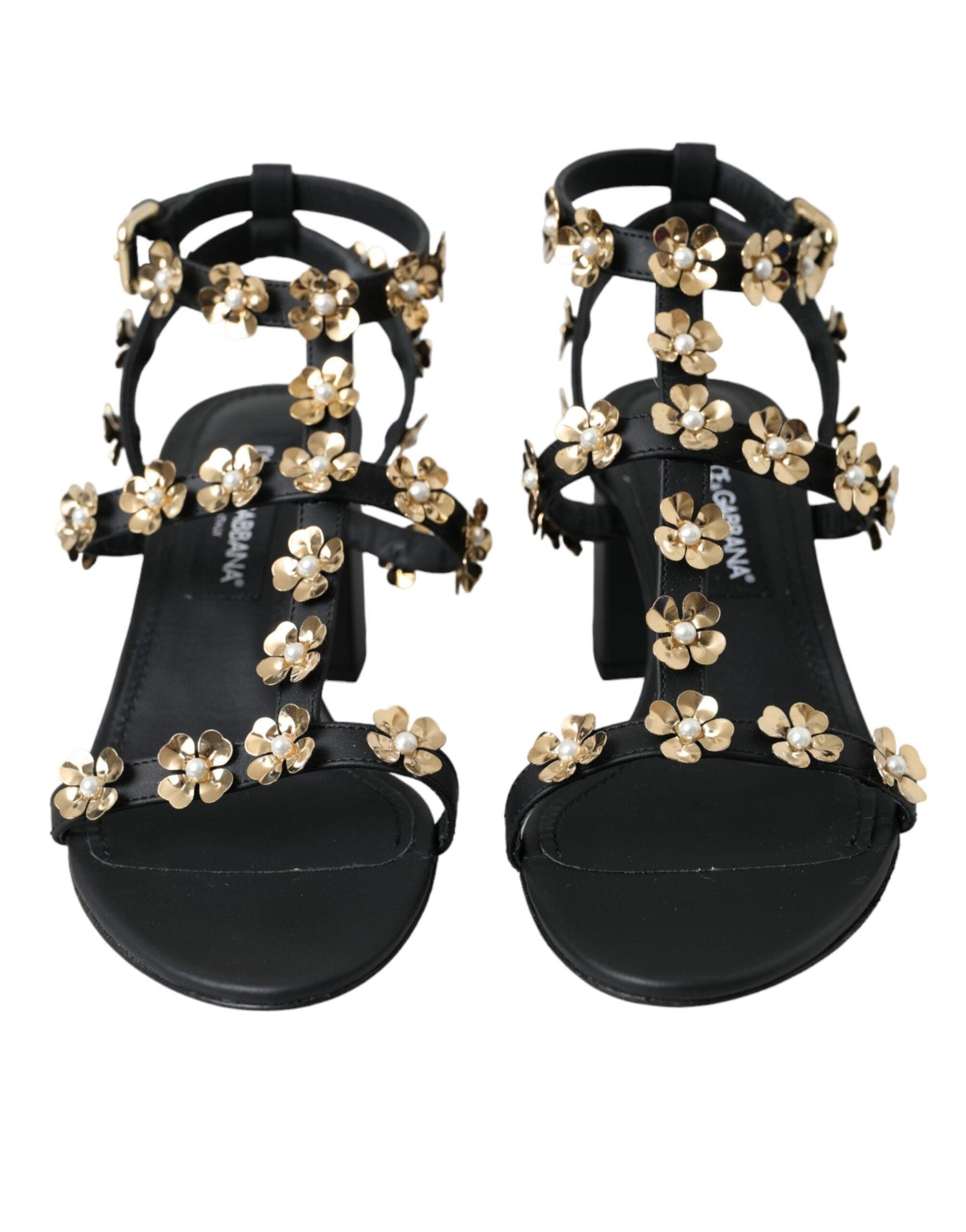 Dolce & Gabbana Black Leather Embellished Heel Sandal Shoes - Arichezz.store