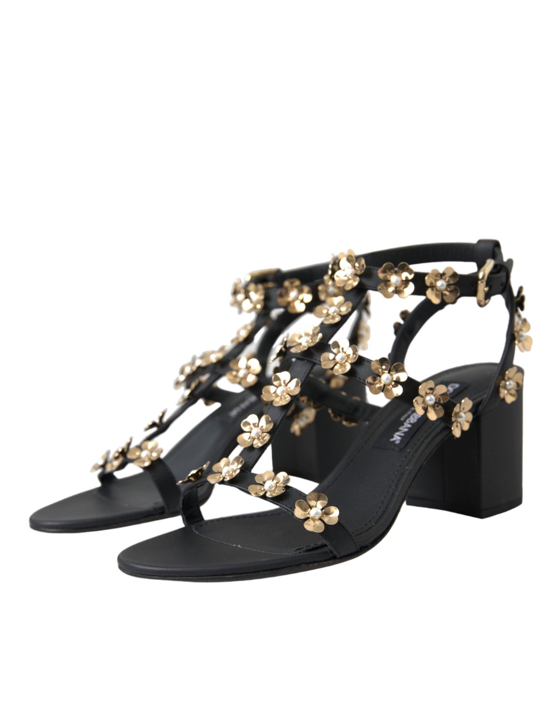 Dolce & Gabbana Black Leather Embellished Heel Sandal Shoes - Arichezz.store