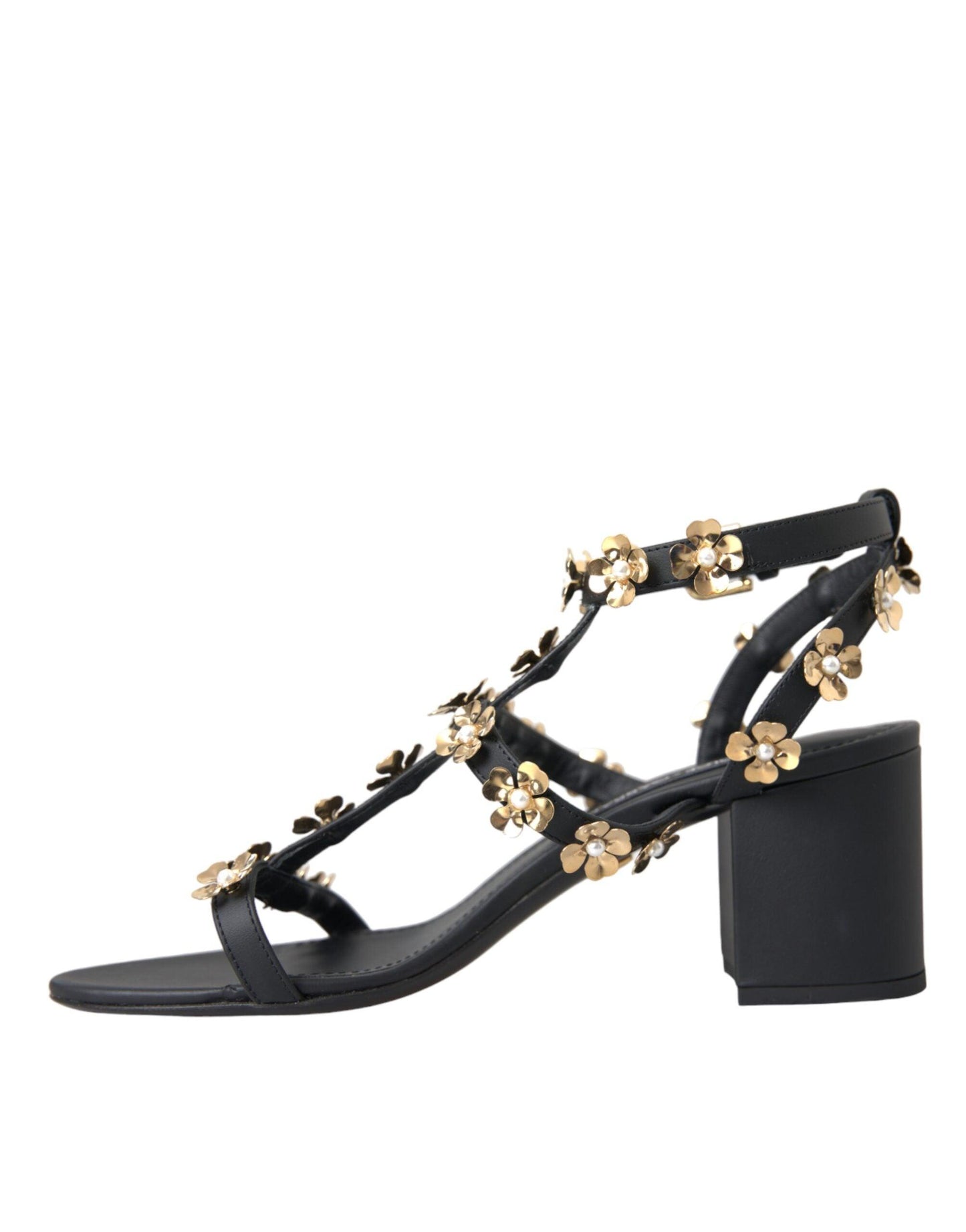 Dolce & Gabbana Black Leather Embellished Heel Sandal Shoes - Arichezz.store