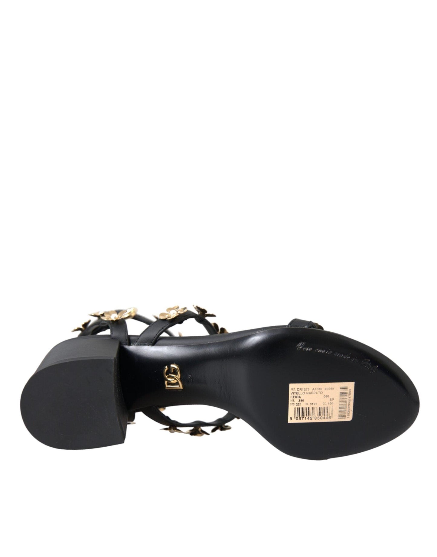 Dolce & Gabbana Black Leather Embellished Heel Sandal Shoes - Arichezz.store