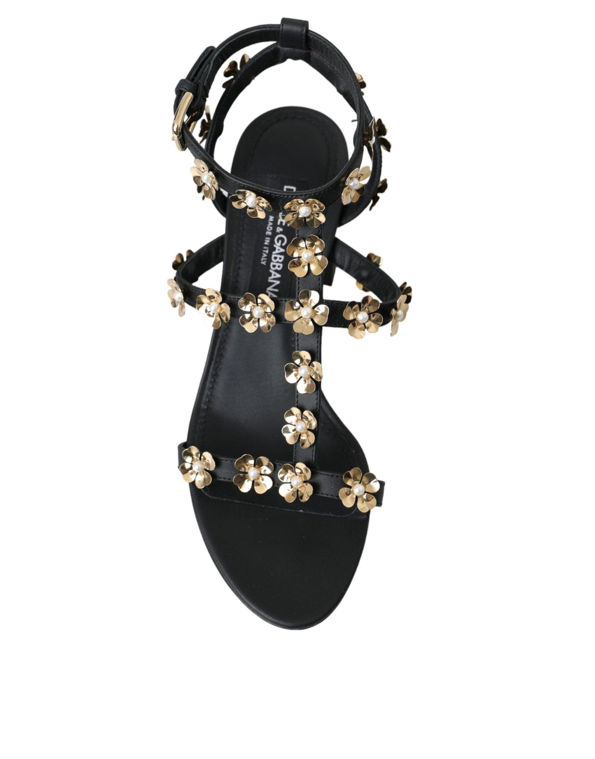 Dolce & Gabbana Black Leather Embellished Heel Sandal Shoes - Arichezz.store