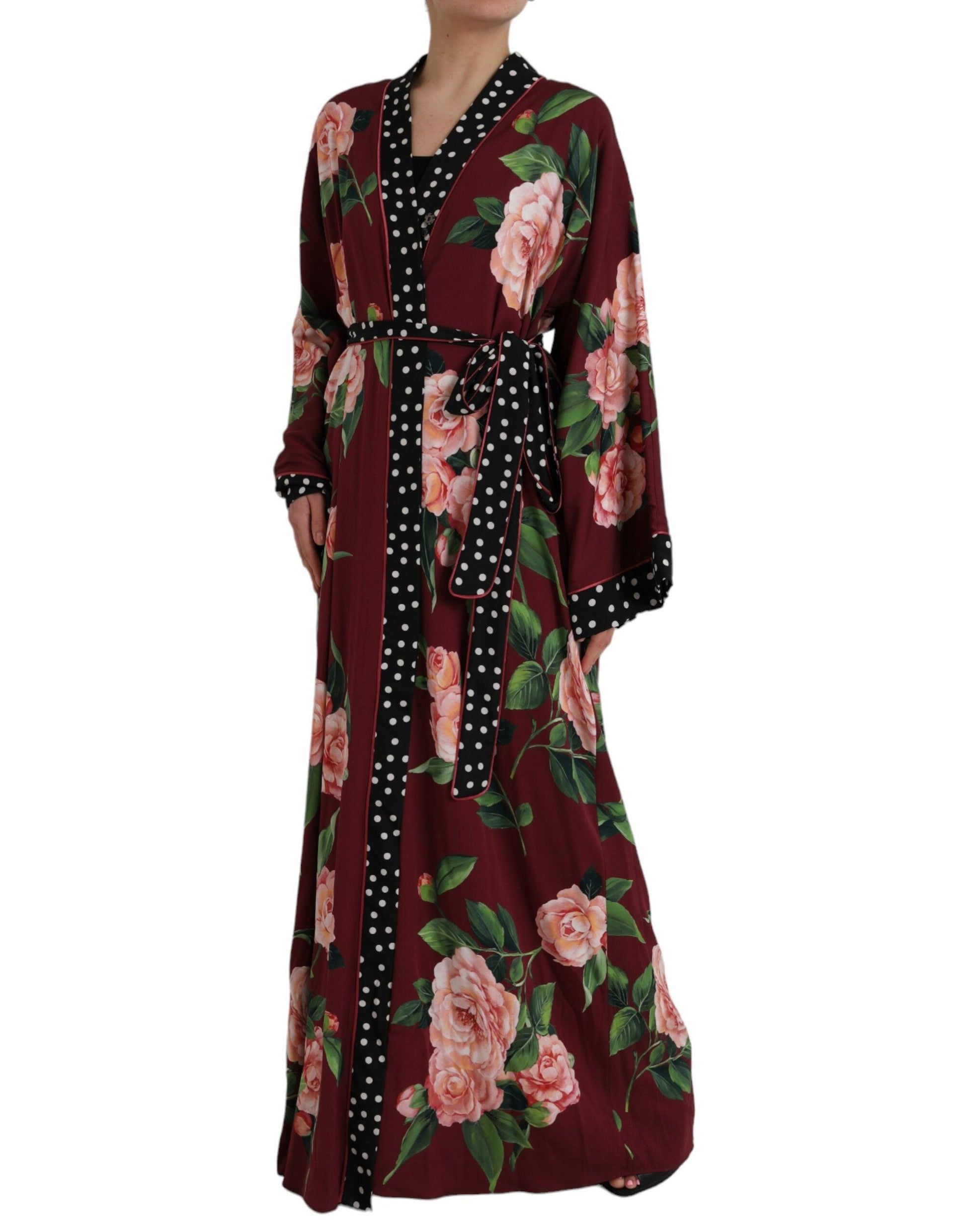 Dolce & Gabbana Bordeaux Floral Maxi Kaftan Crepe Robe Dress - Arichezz.store