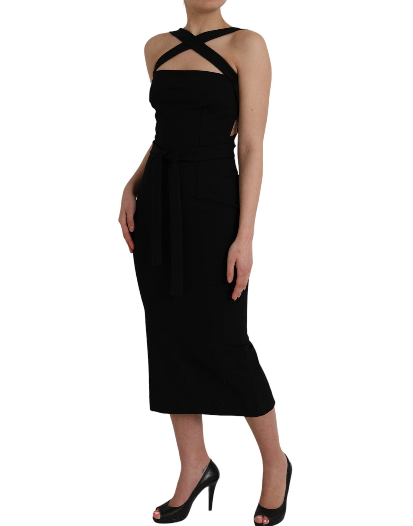 Dolce & Gabbana Black Sheath Halter Sleeveless Midi Dress