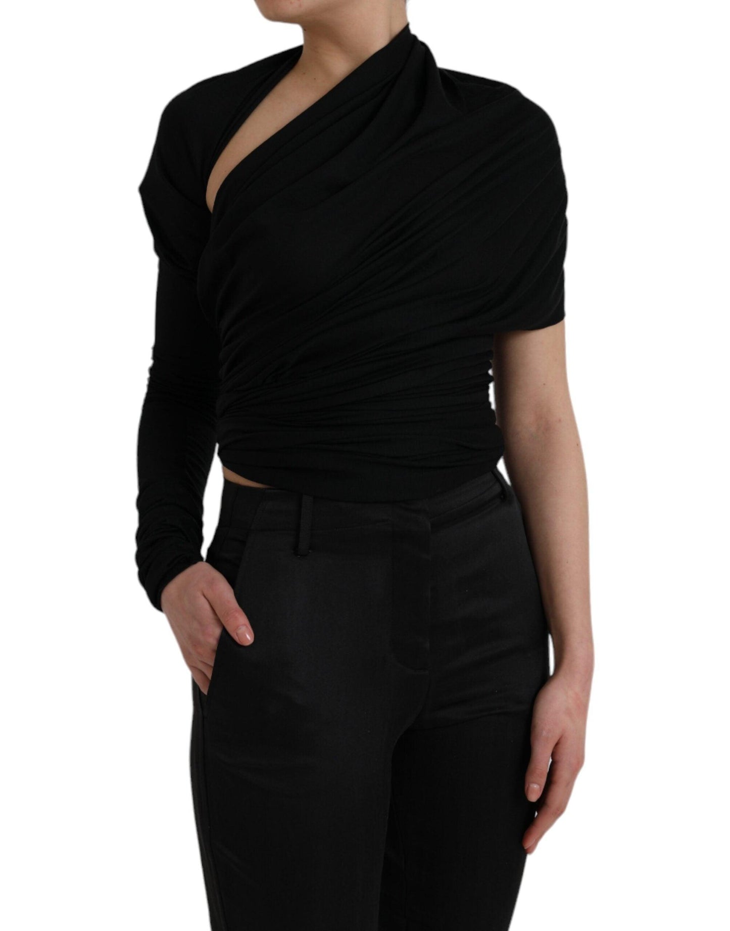 Dolce & Gabbana Black Wool Cutout Asymmetric Long Sleeve Top - Arichezz.store