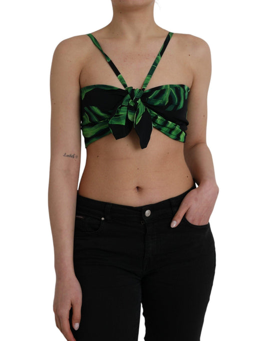 Dolce & Gabbana Black Green Leaf Silk Halter Cropped Top - Arichezz.store