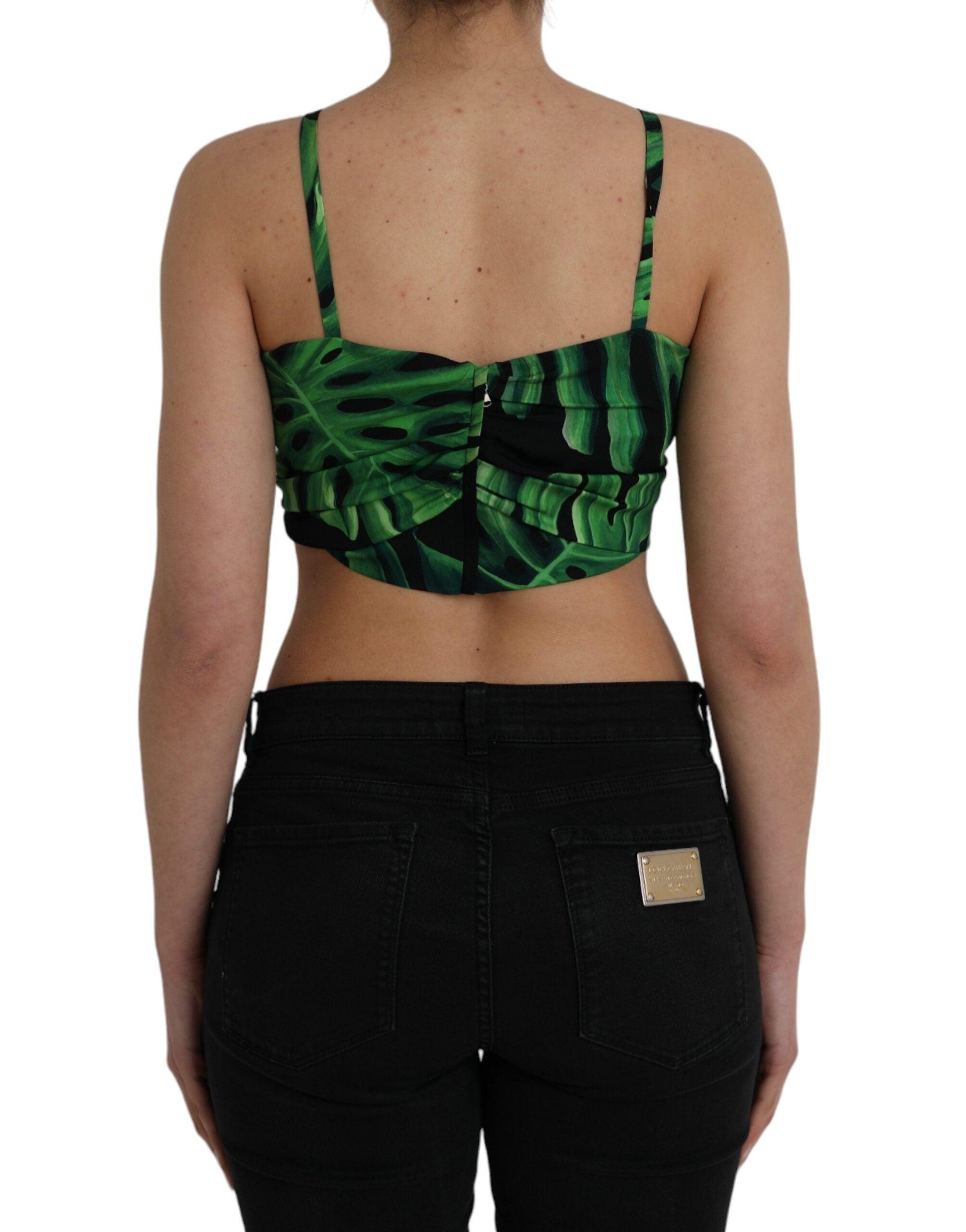 Dolce & Gabbana Black Green Leaf Silk Halter Cropped Top - Arichezz.store