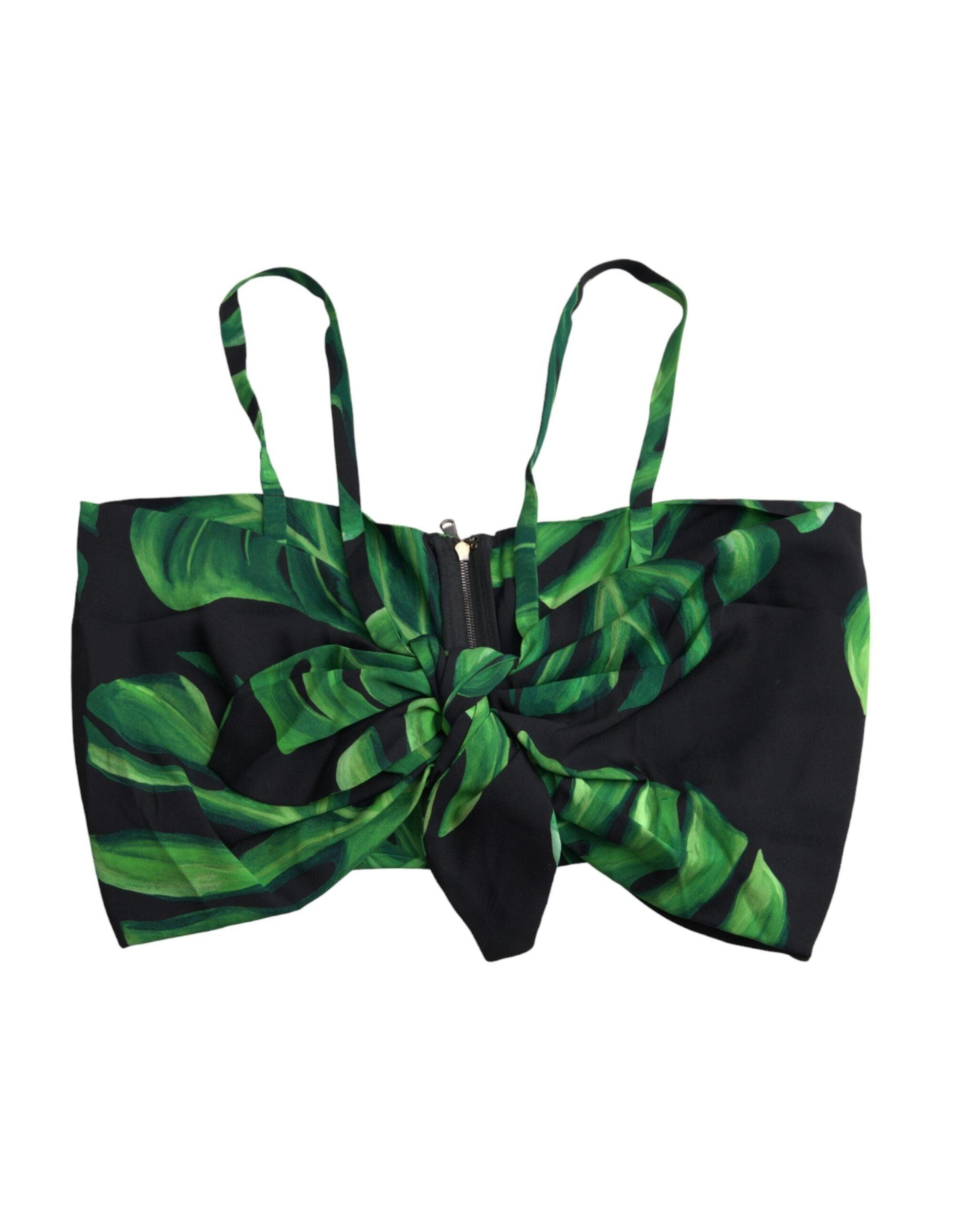 Dolce & Gabbana Black Green Leaf Silk Halter Cropped Top - Arichezz.store