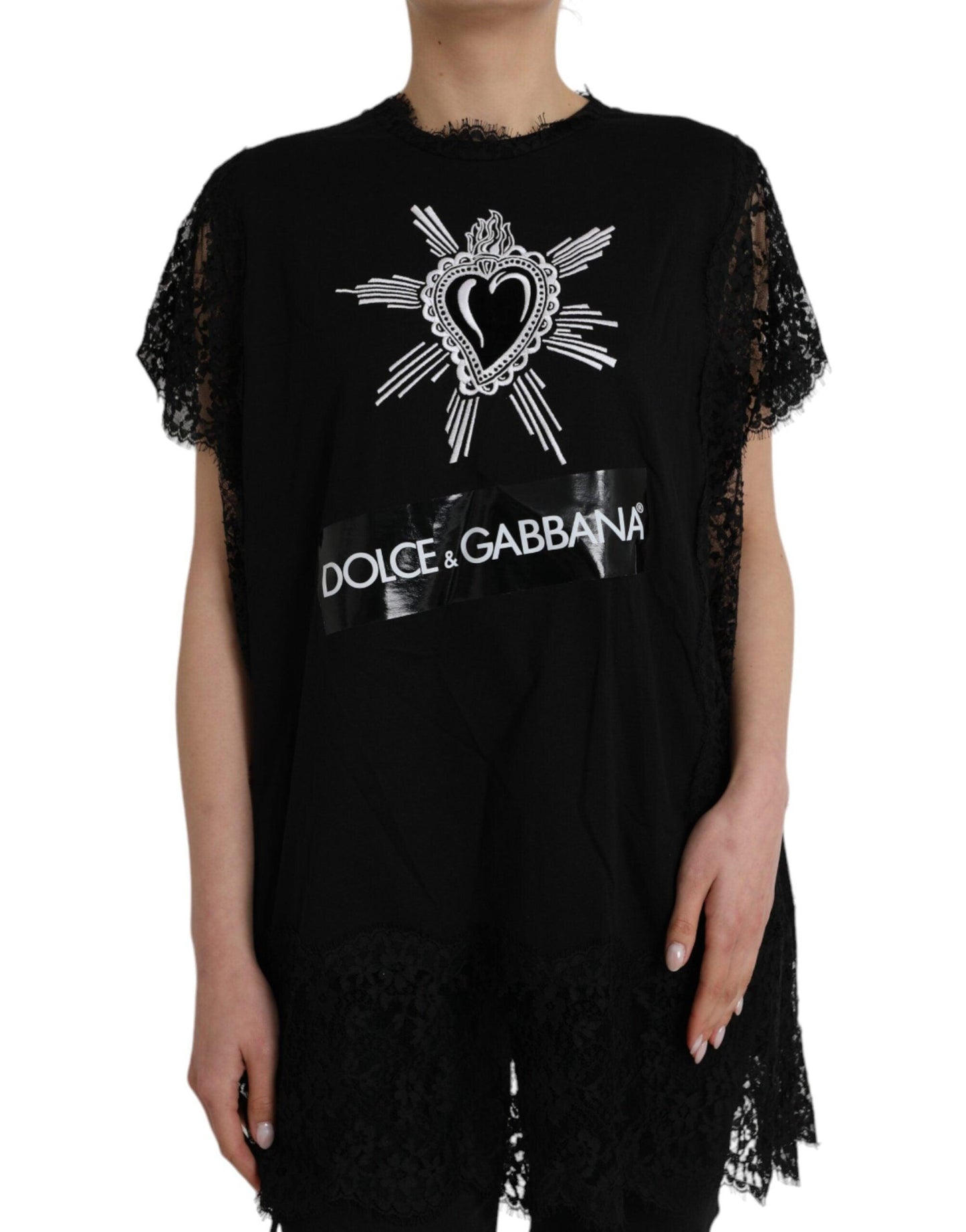 Dolce & Gabbana Black Sacred Heart Print Cotton Lace T-shirt - Arichezz.store