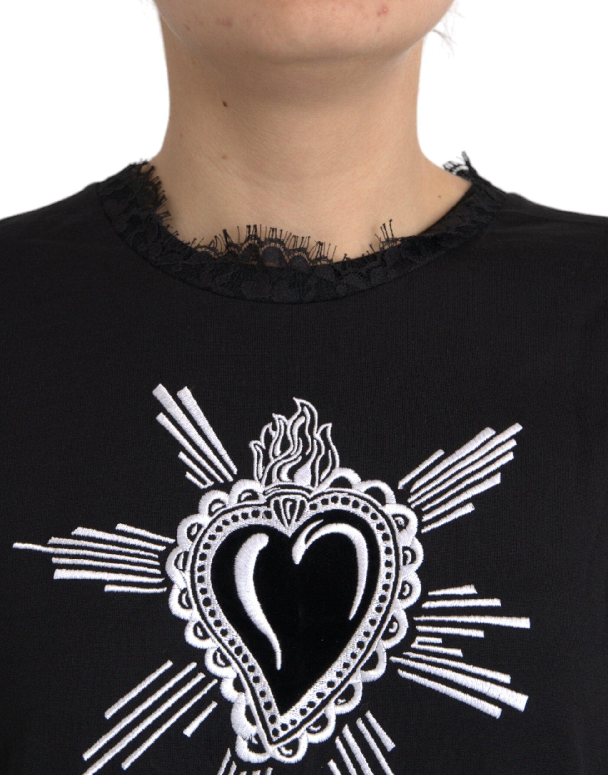 Dolce & Gabbana Black Sacred Heart Print Cotton Lace T-shirt - Arichezz.store