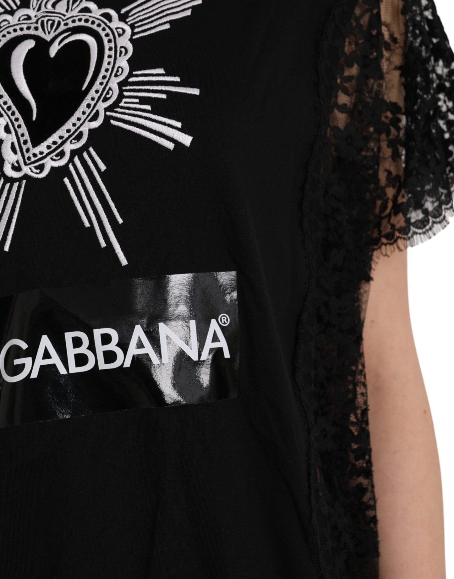 Dolce & Gabbana Black Sacred Heart Print Cotton Lace T-shirt - Arichezz.store