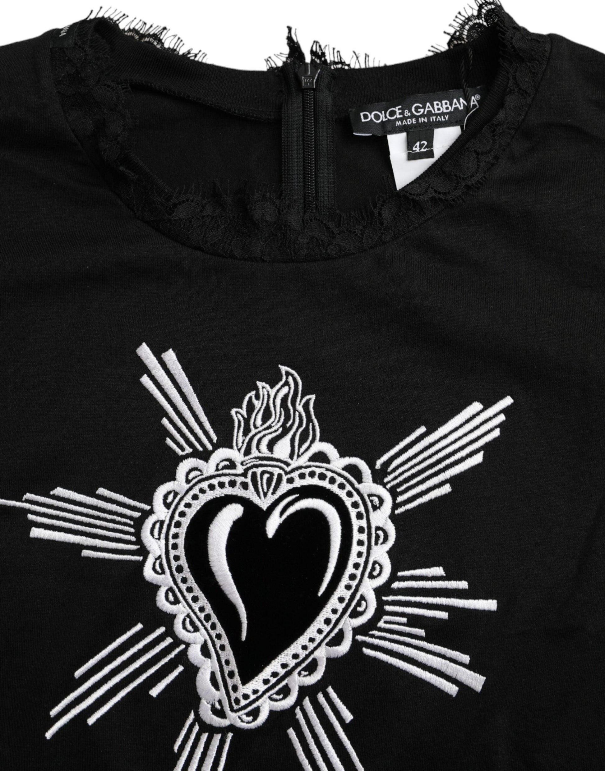 Dolce & Gabbana Black Sacred Heart Print Cotton Lace T-shirt - Arichezz.store