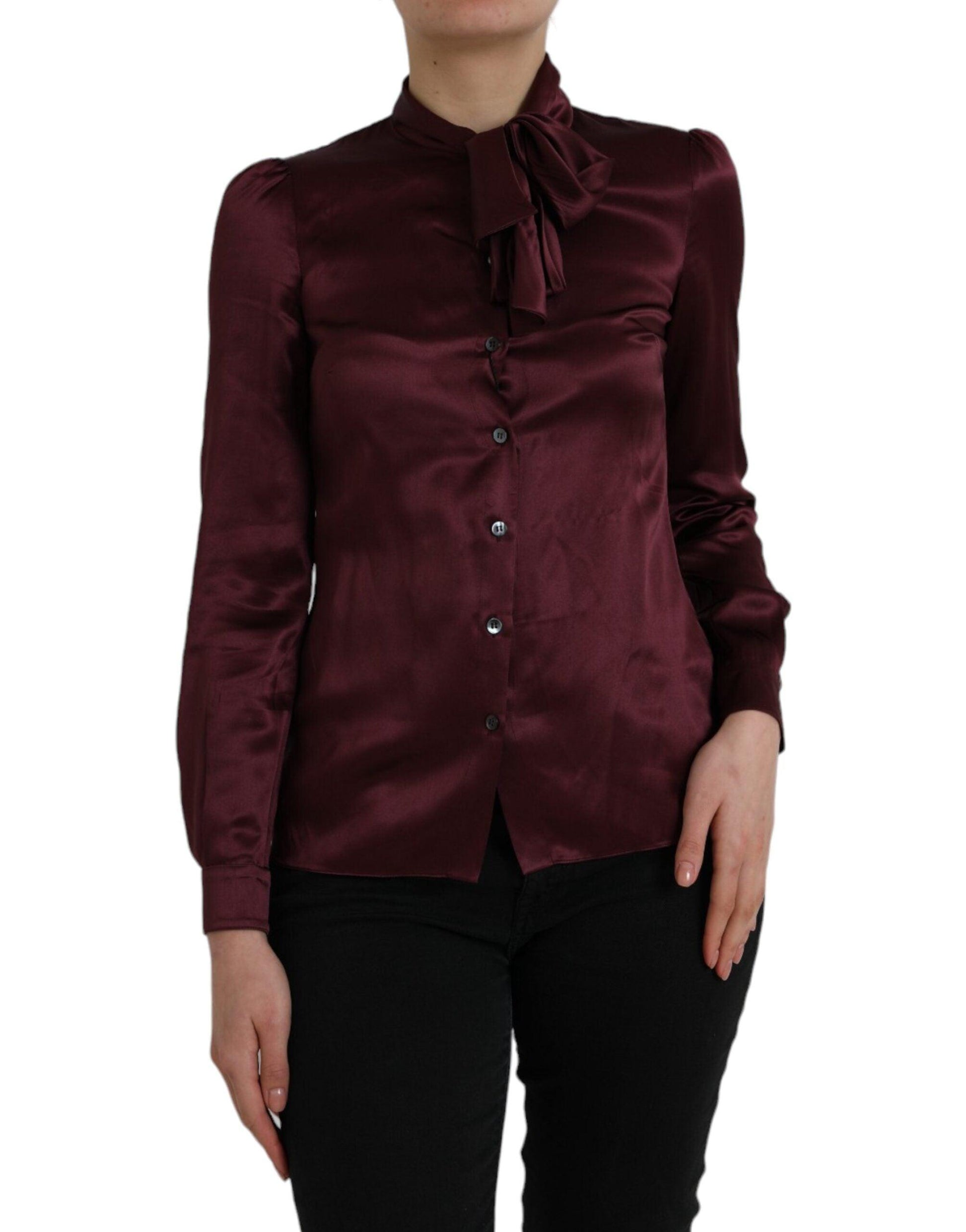 Dolce & Gabbana Maroon Ascot Collar Long Sleeve Top Blouse - Arichezz.store