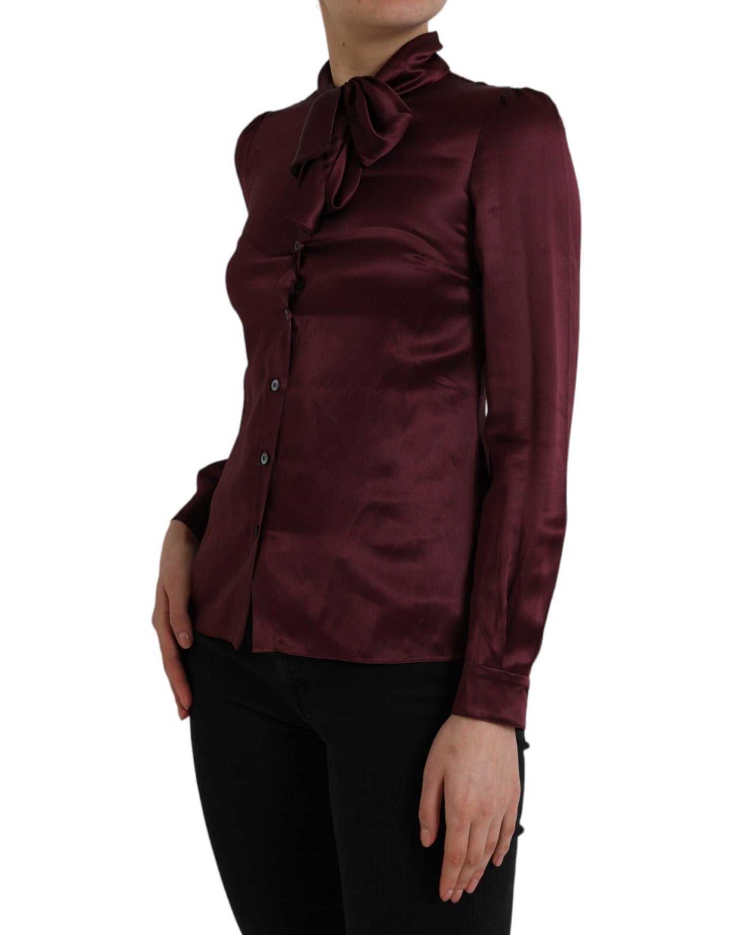 Dolce & Gabbana Maroon Ascot Collar Long Sleeve Top Blouse - Arichezz.store